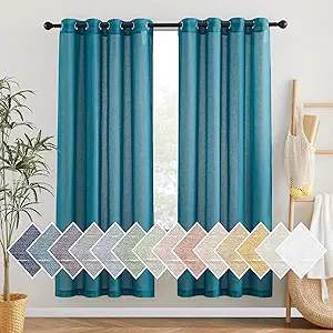 NICETOWN Linen Sheer Bedroom Curtains 72 inch Long, Grommet Top Casual Flax Semi Sheer Window Drapes Privacy with Light Filtering for Living Room, W52 x L72, Peacock Green, Set of 2