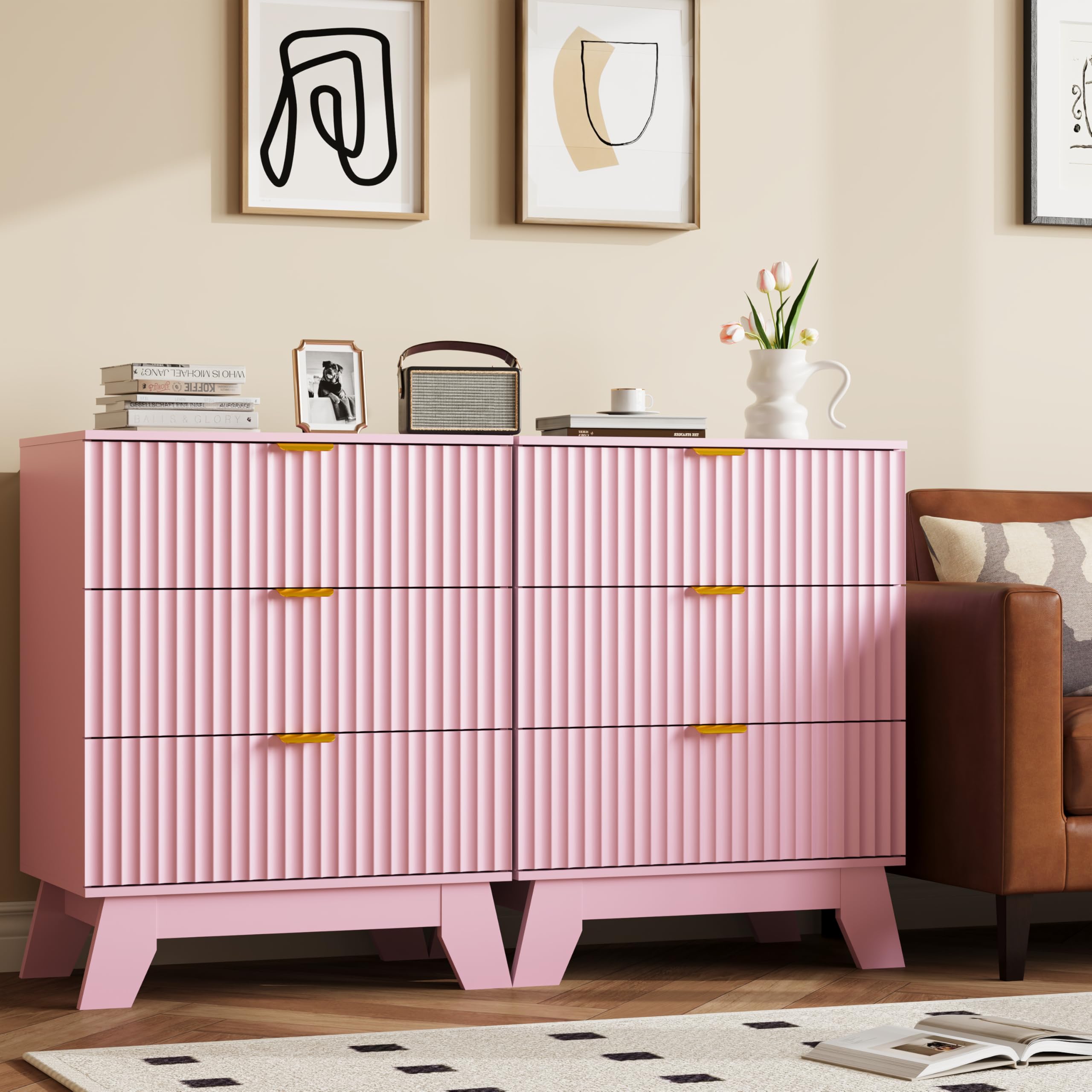 Fluted Nightstands Set of 2, Bedside Table with 3 Drawers, Pink