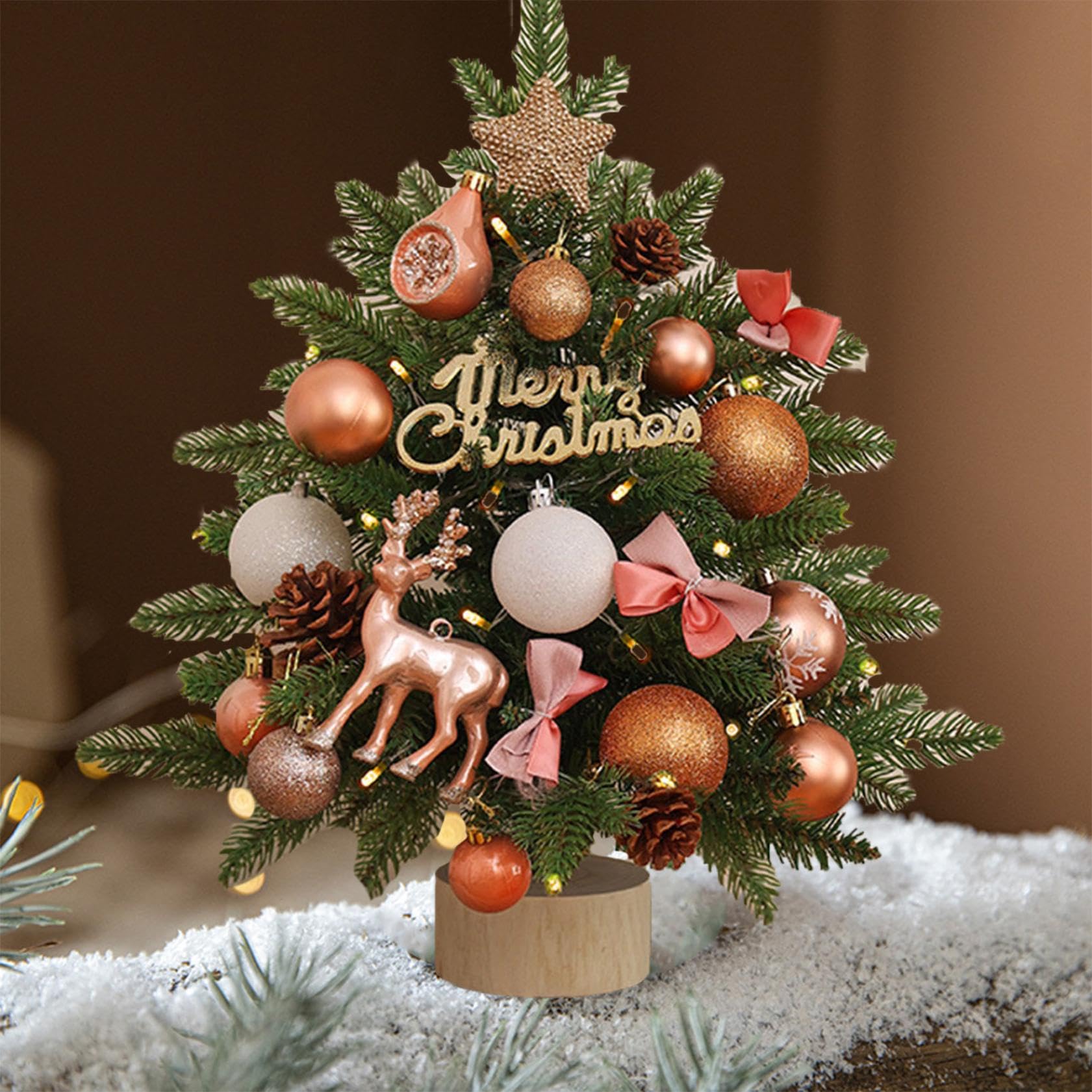 18 Inch Mini Christmas Tree Tabletop Artificial DIY Pine Xmas Tree with Balls & Pines & Pentagram Set Desktop Small Green Christmas Decoration for Table Desk Home Party (Rose Gold)