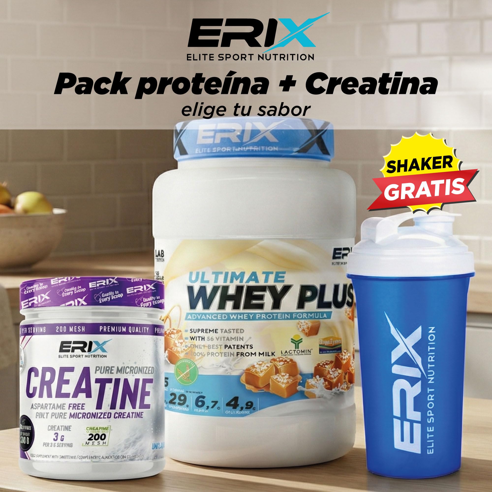 ERIX Nutrición Pack Muscular: Whey Plus Ultimate 1Kg+ Creatina Monohidrato Neutra 300g+ Shaker, Proteína Concentrada de Suero Leche, Aumento de Fuerza, Rendimiento y Recuperación (Galleta)