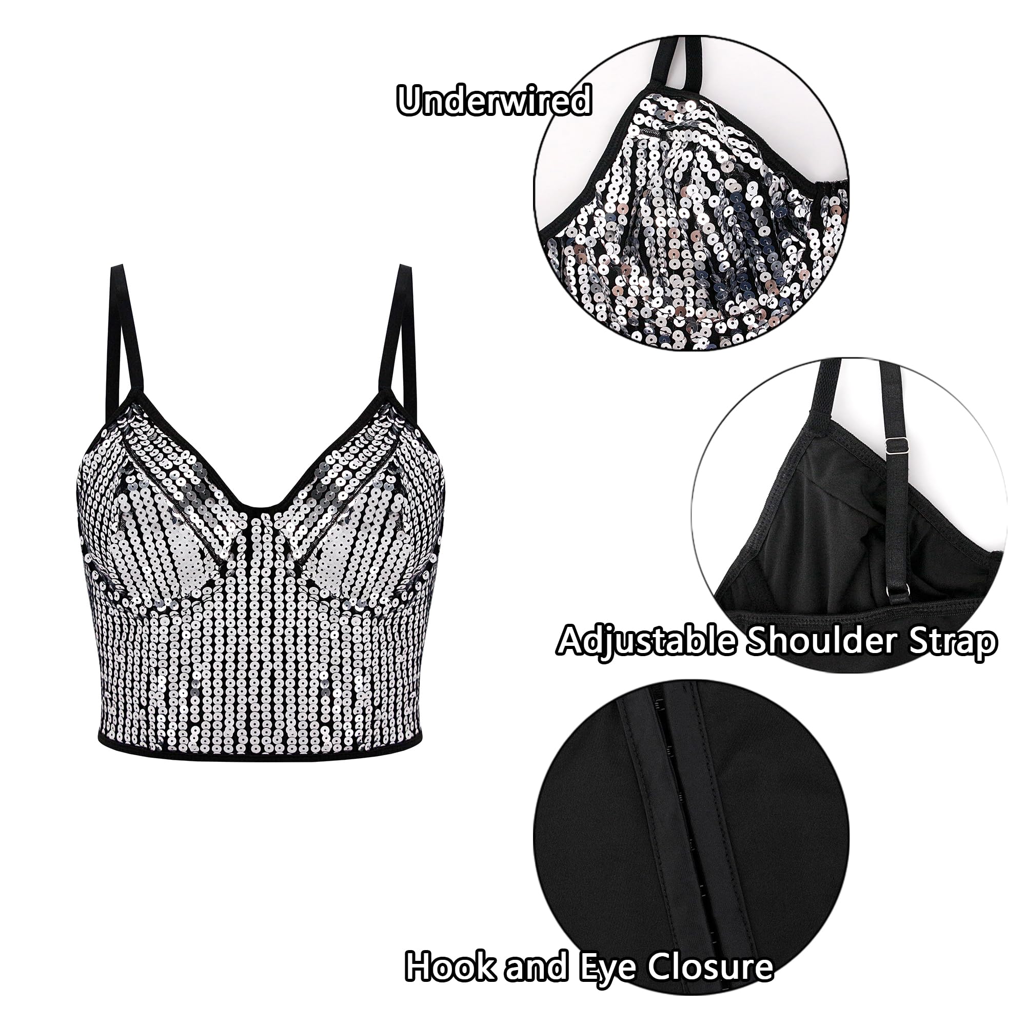 Canottiera da donna riflettente metallizzata, bustier con spalline sottili crop top aderente senza maniche a tubo, camicetta, Paillettes Nero, M