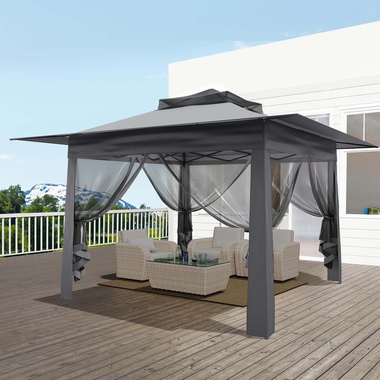 YU YUSING Tonnelle de Jardin Extérieure 3,65 x 3,65 m avec Moustiquaires 360°, Pop up Barnum Pliant, Toit Ventilé, Pergola Imperméable Anti UV 50+ Respirable, Tente Réception, Camping, Festival, Gris