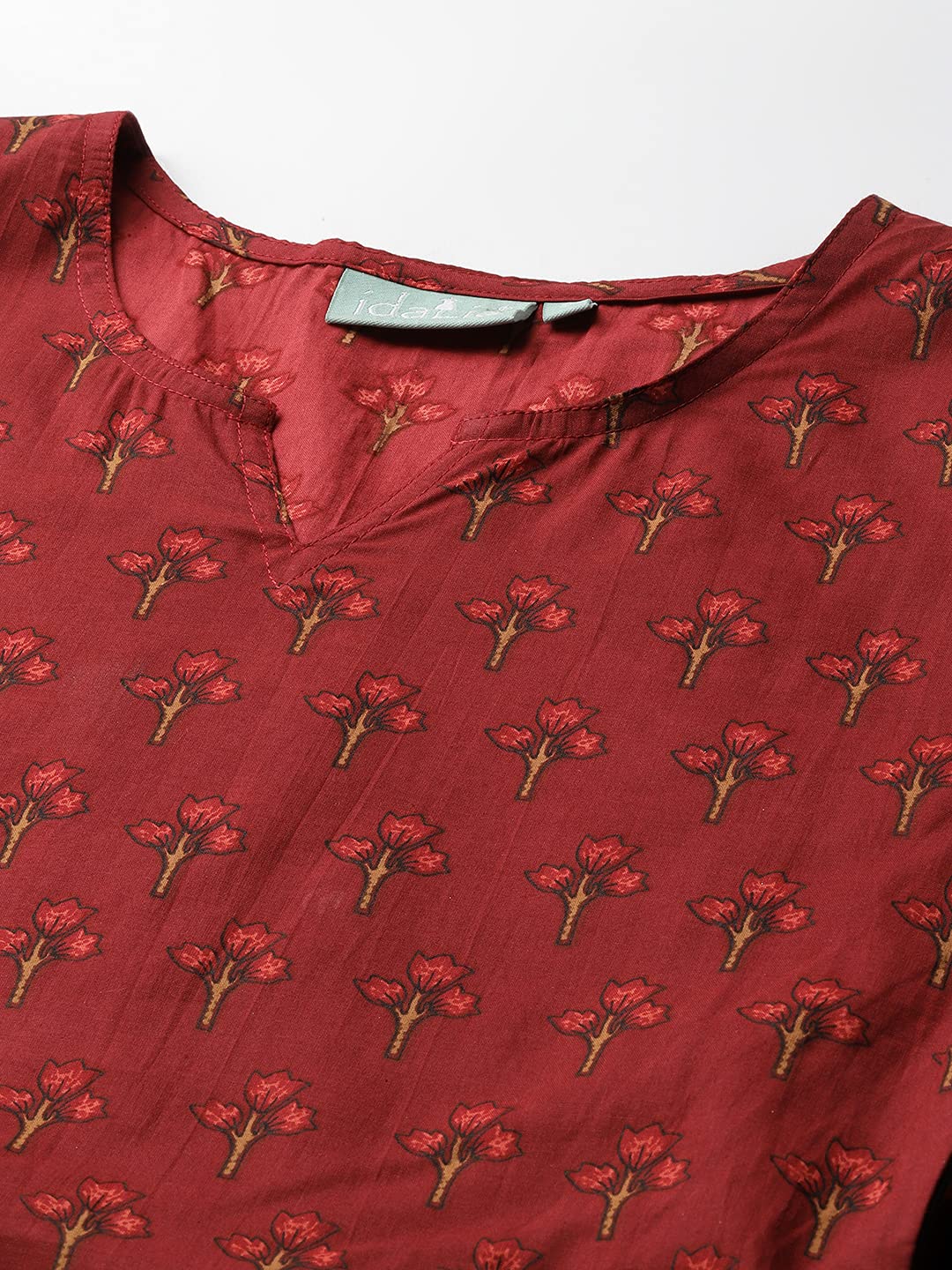 Idalia Floral Printed 3/4Th Sleeves Cotton Round V Neck Dress For Women,Maroon