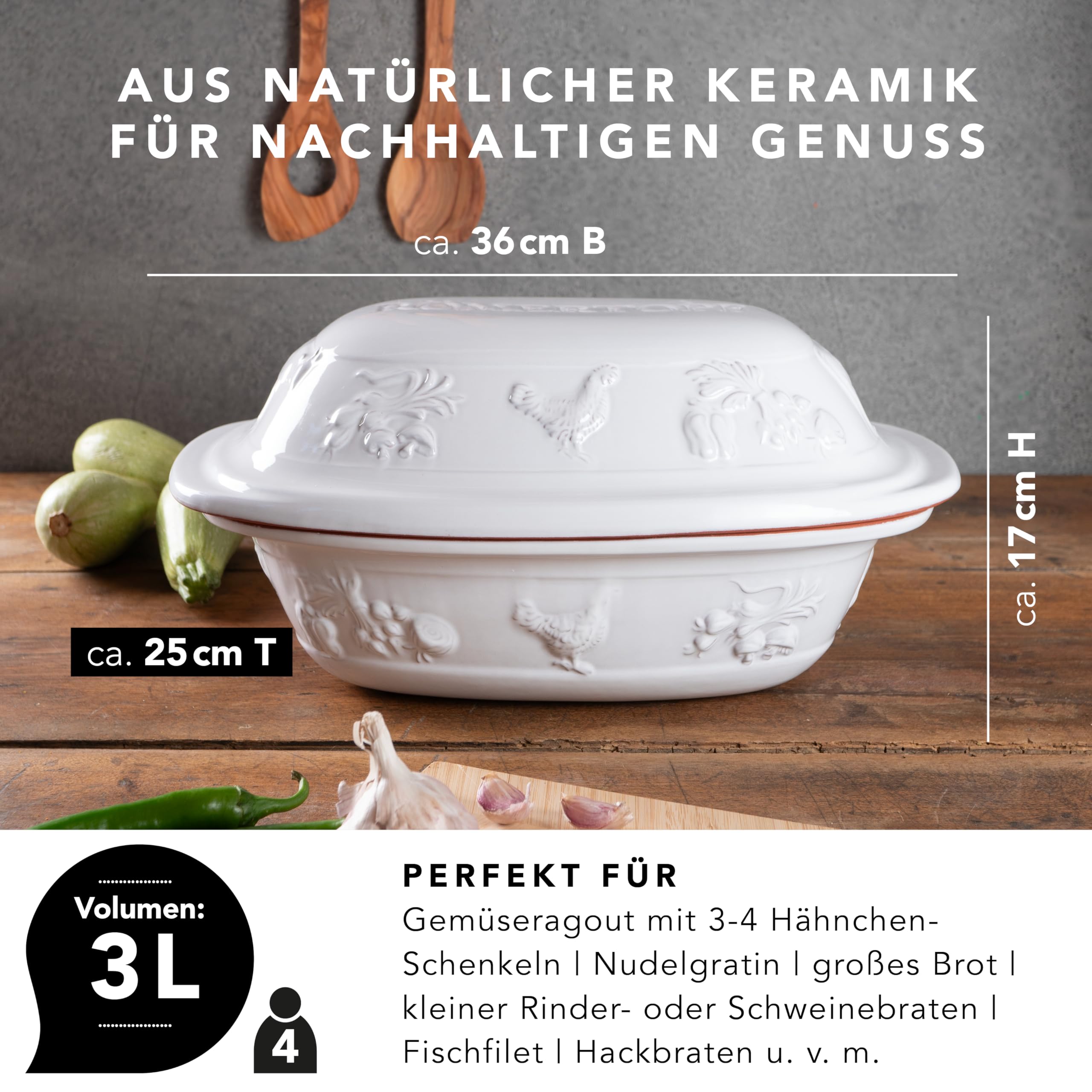 Römertopf RUSTICO Cocotte pour 4 personnes – Cocotte de 3 litres avec couvercle en céramique – Pour mijoter, rôtir et cuire à la vapeur – Passe au four