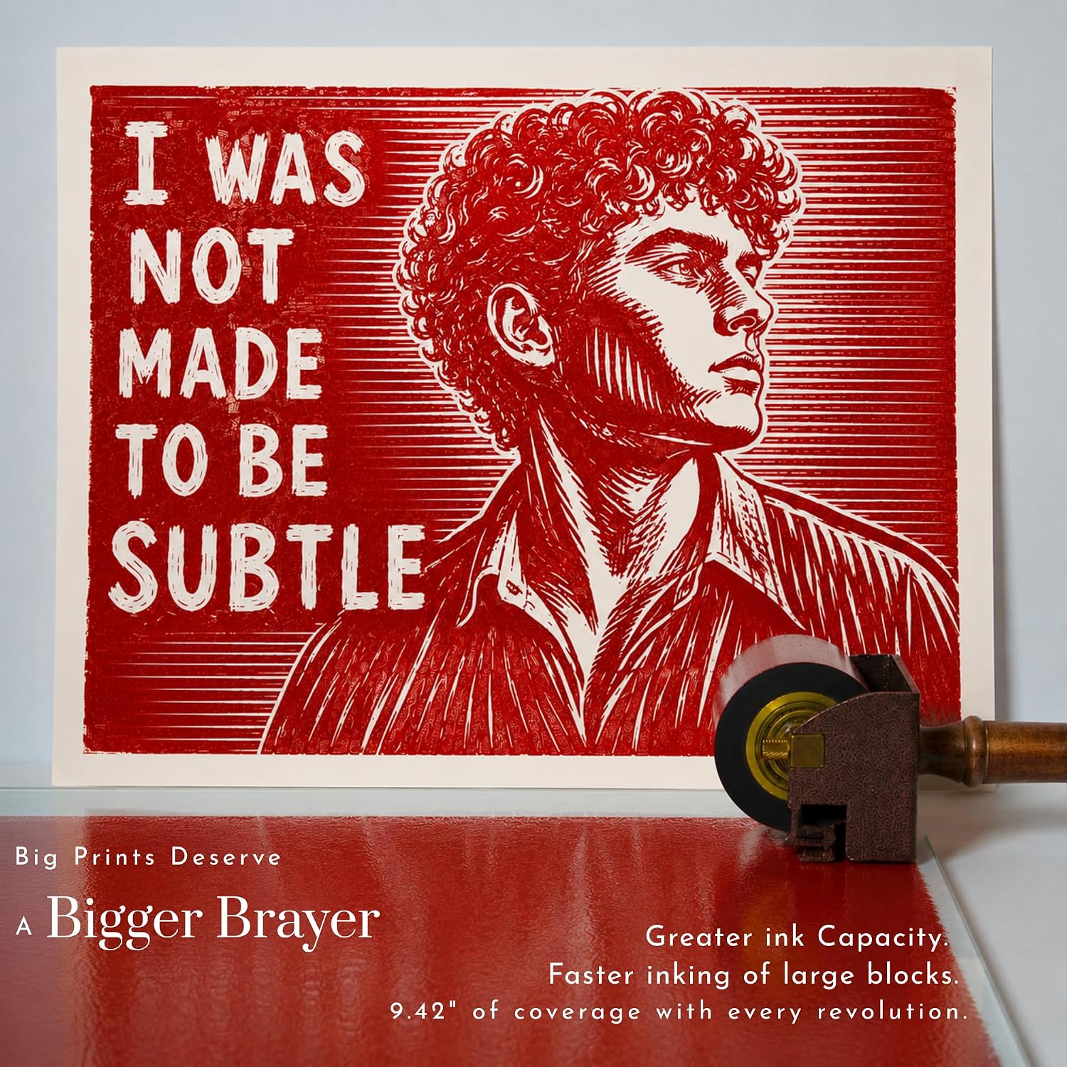 Leoball® Big Beautiful Brayer. 3" Diameter Roller with Ultra-Soft Nitrile Rubber Block Printing Brayer, Deluxe 30-35 Hardness, with Internal Bearing tech. 10 inch