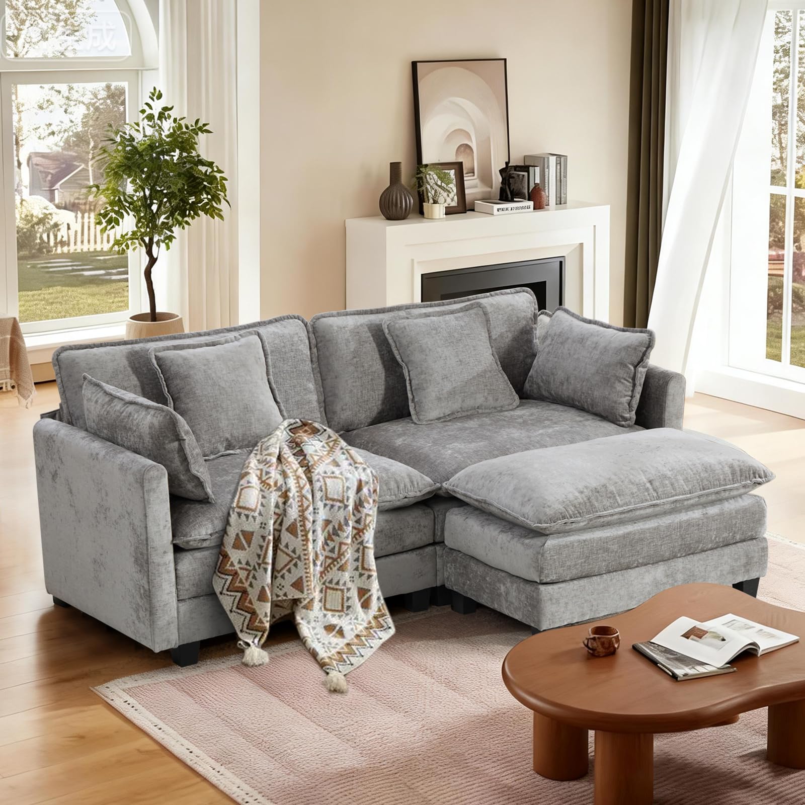 SoarFlash Chenille 77.95" Sectional Sofa, Comfy L Shaped Modular Coush Sofa with Ottoman, Modern 2 Seat Couch Deep Seat Sofa Set for Living Room,Grey