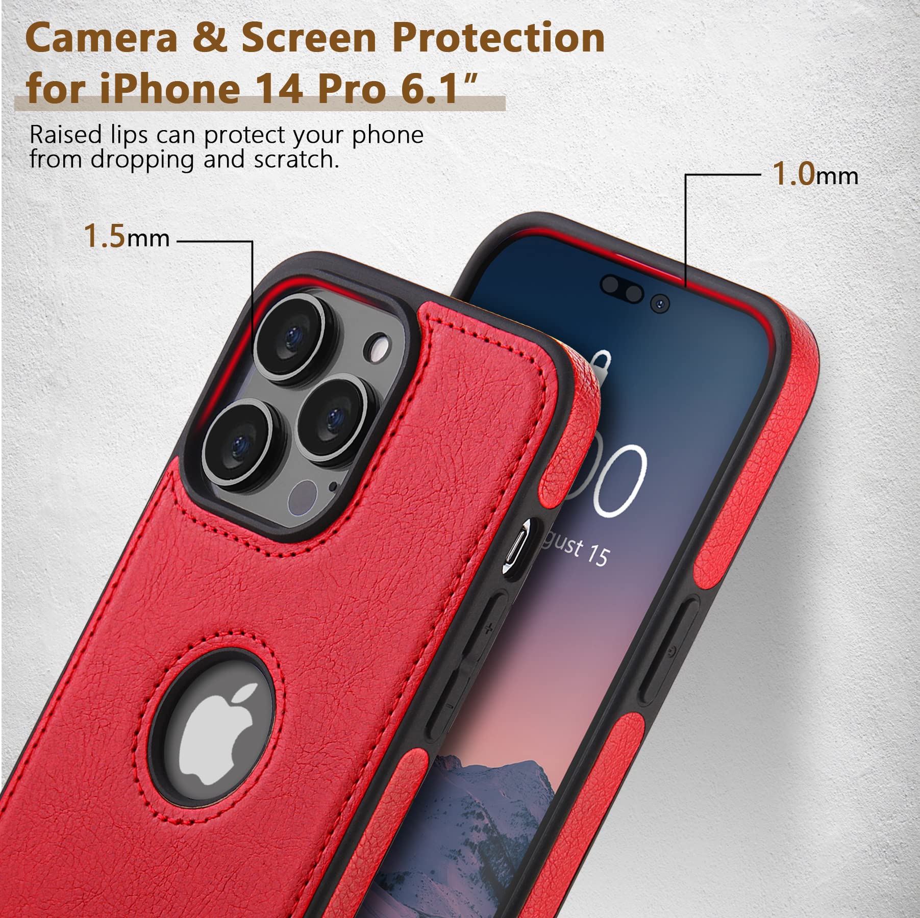 AIOVETEAB Cover Compatibile Con IPhone 15 Pro Max,PU Pelle Premium Custodia Slim Sottile Retrò Business Flessibile Antigraffio Case Posteriore Protettiva Per IPhone 15 Pro Max, Rosso - Foto 1