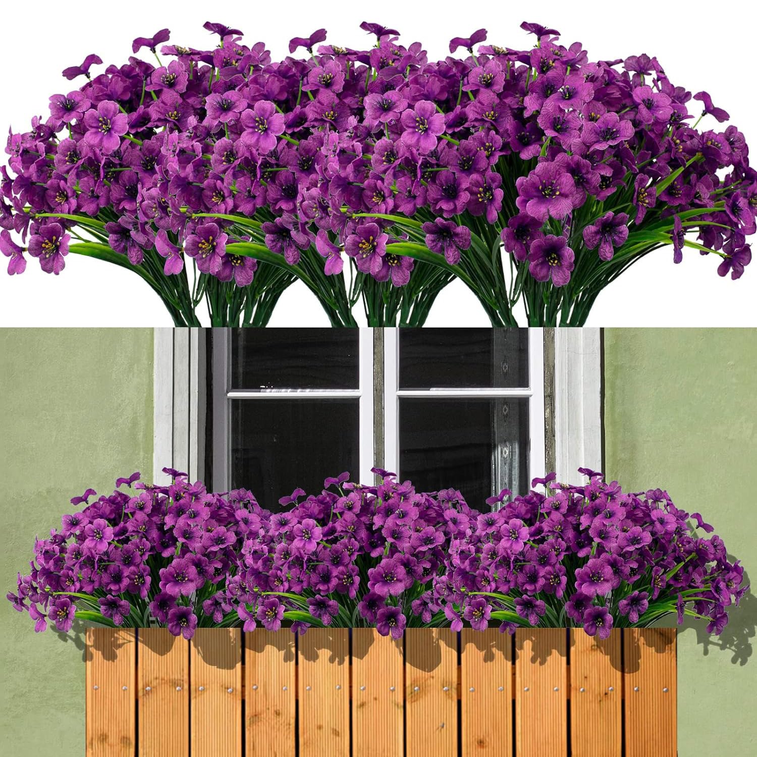 Titifeya 10 Bundles Artificial Purple Violet Flowers Outdoor UV Resistant Plastic Fake Plants, Artificial Faux Plants for Garden Window Box Hanging Planter Indoor Home Porch Decor