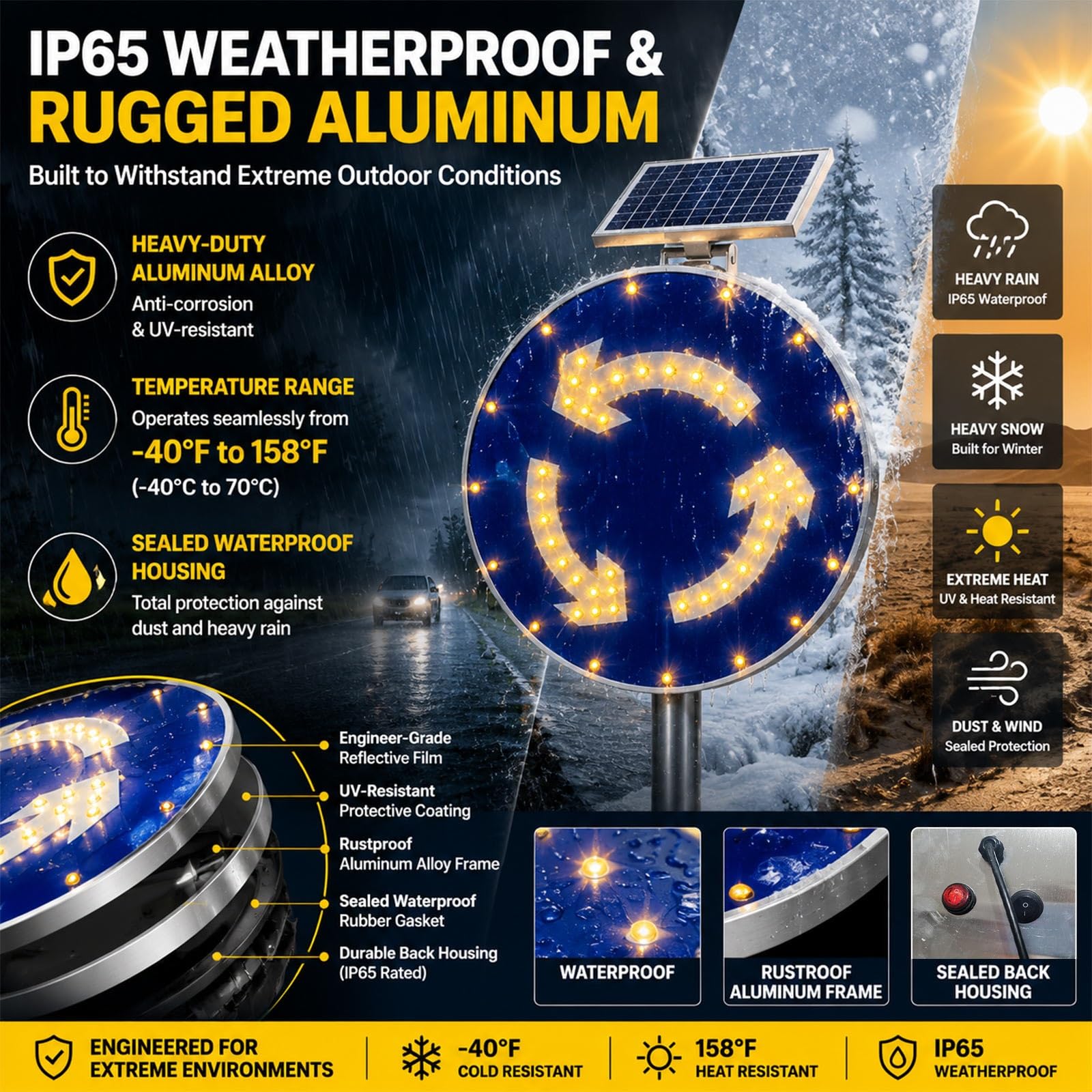 Segnale LED Solare Rotatoria, Avviso Sicurezza Incrocio Privato | Senza Cavi Elettrici Pannello Solare 18V 10W a Ricarica Rapida per Incroci e Strade Private, Misure 60cm e 80cm(32IN)