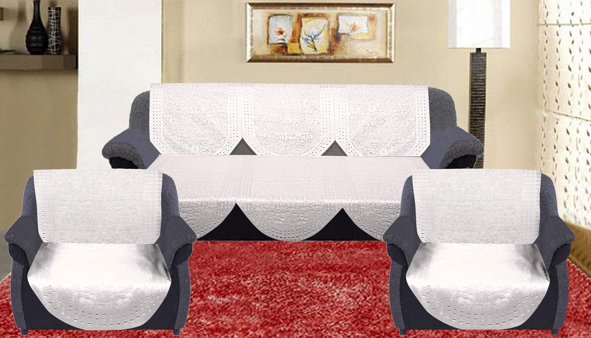 Kuber Industries Flower Design Shining Cotton 6 Pieces 5 Seater Sofa Cover Set (Cream) CTKTC34051