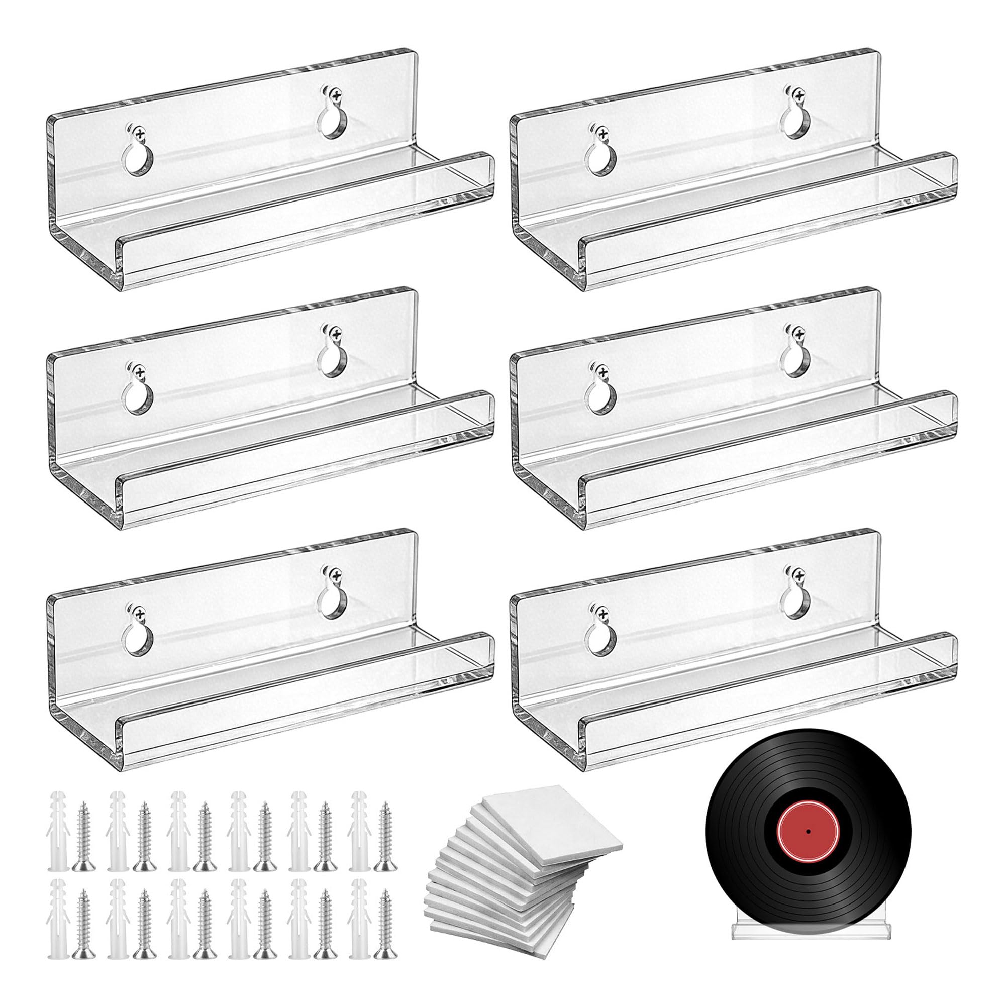 Nretluo 6 Pcs CD Vinyl Wall Mount,10CM Transparent Vinyl Shelves, Vinyls Shelf for Home Office