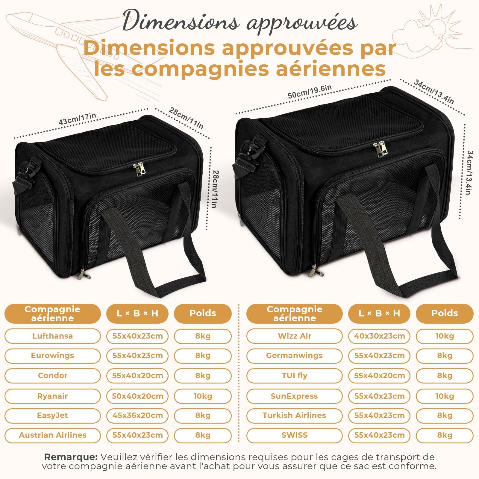 Sac de Transport Chat, Sac Transport Chat Chien avec Matelas Souple, Sac Transport Chien Respirant et Pliable, Caisse de Transport Chat Respirant pour Petit Chien,Chat (Noir, 50x34x34cm)
