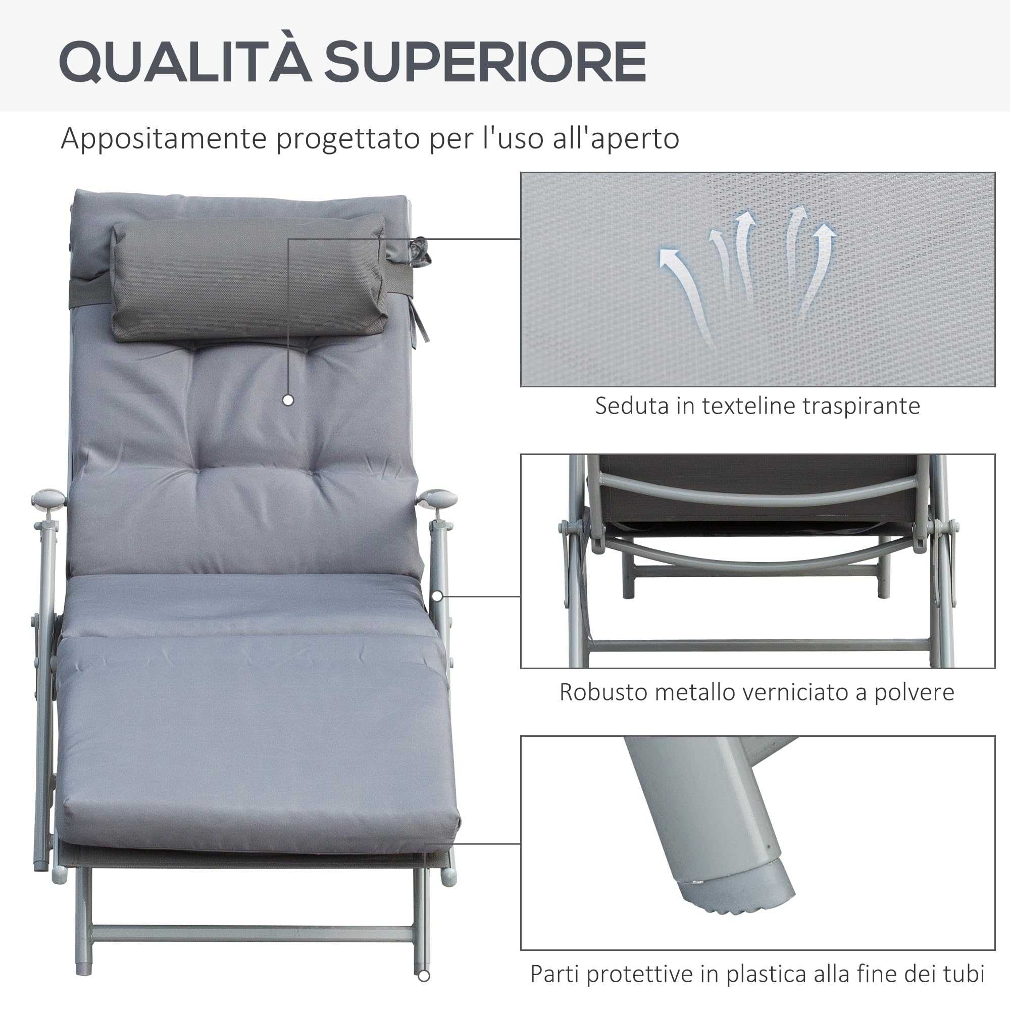 Outsunny Sdraio da Giardino Pieghevole 137x63.5x100.5cm Grigio con Materassino e Cuscino