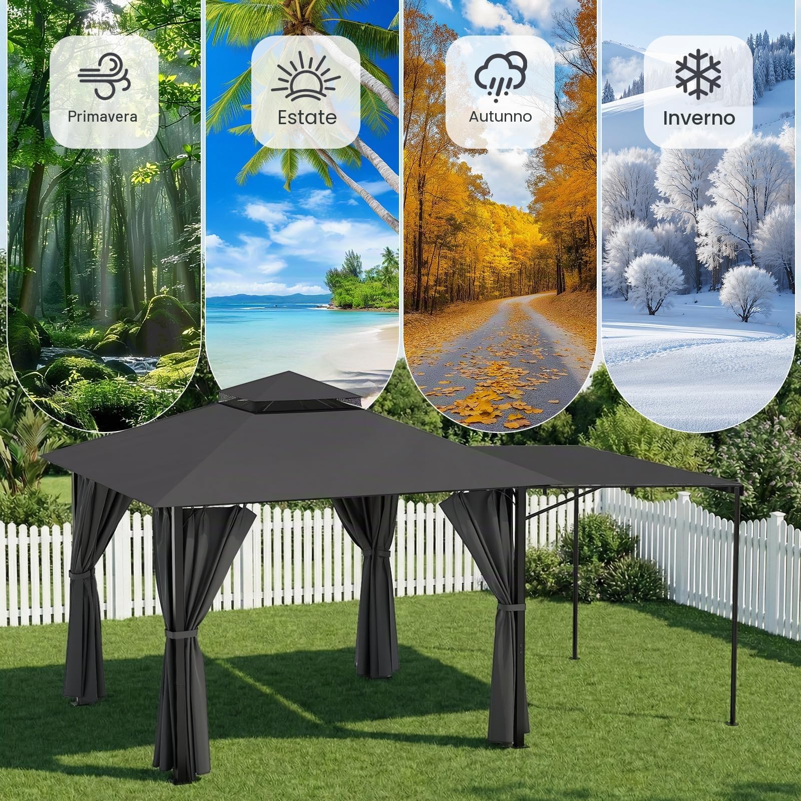 JUMMICO Gazebo da Giardino Esterno 3x3, con Estensione Convertibile in Parete e Tende Laterali Incluse, Tetto a Doppio Strato, Struttura Metallica Resistente alle Intemperie, Ideale per Spazi Esterni