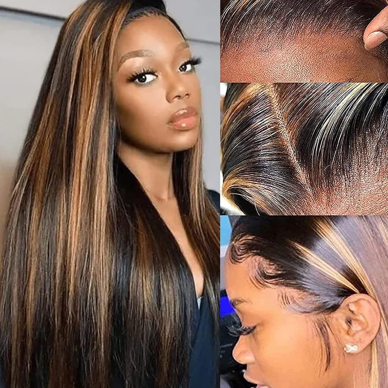 Haha Brown Highlight Bundles with 4x4 Closure Brazilian Human Hair Ombre Bundles with Closure Straight 10A Remy Virgin Hair Weave Colored Fb30 Balayage 14 16 18 +12 Free Part