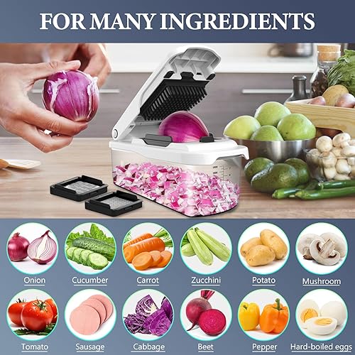 Miniatura 8 de Ourokhome Cortador de verduras con recipiente, cortador manual de cebolla con 2 cuchillas de cortar para tiras de papa, cubos de verduras, palitos