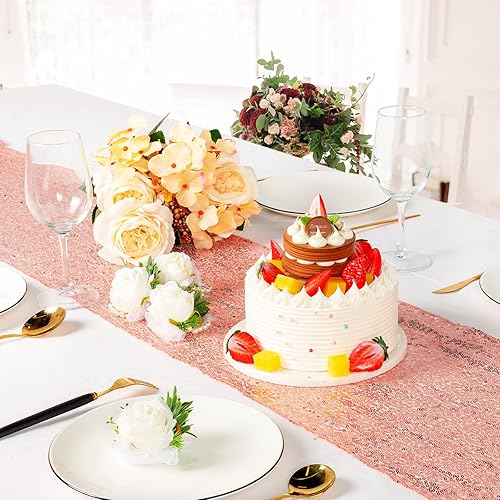 Miniatura 4 de Shimeyao Camino de mesa y mantel rectangular color oro rosa de 54 x 108 pulgadas, mantel de mesa de lentejuelas de 12 x 108 pulgadas, mantel de