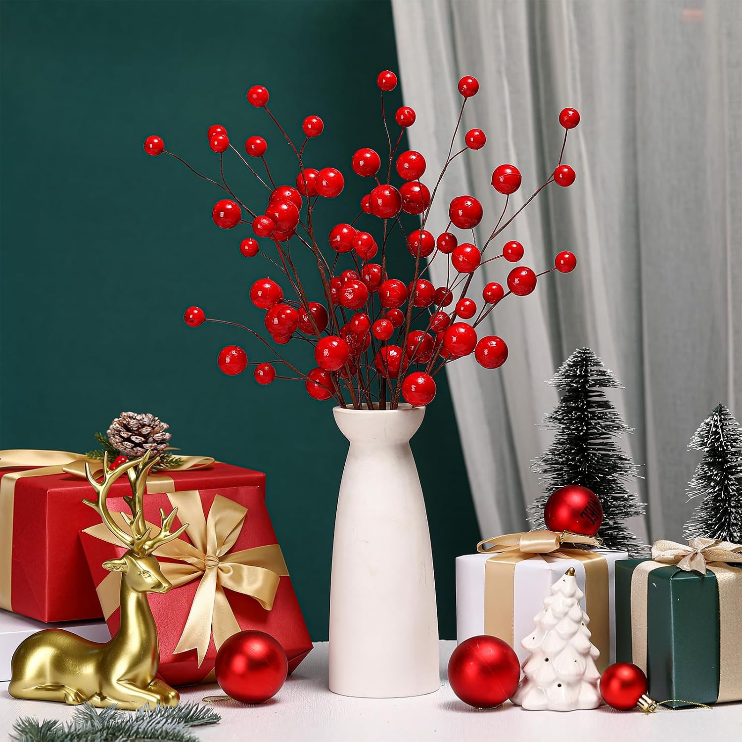 Civaner 6 Pcs 20 Inch Red Christmas Ball Pick Large Christmas Tree Picks Decorations Artificial Snowy Ball Berry Stems Branches for Xmas Tree Topper Floral Ornament Holiday Filler Vase Party Decor