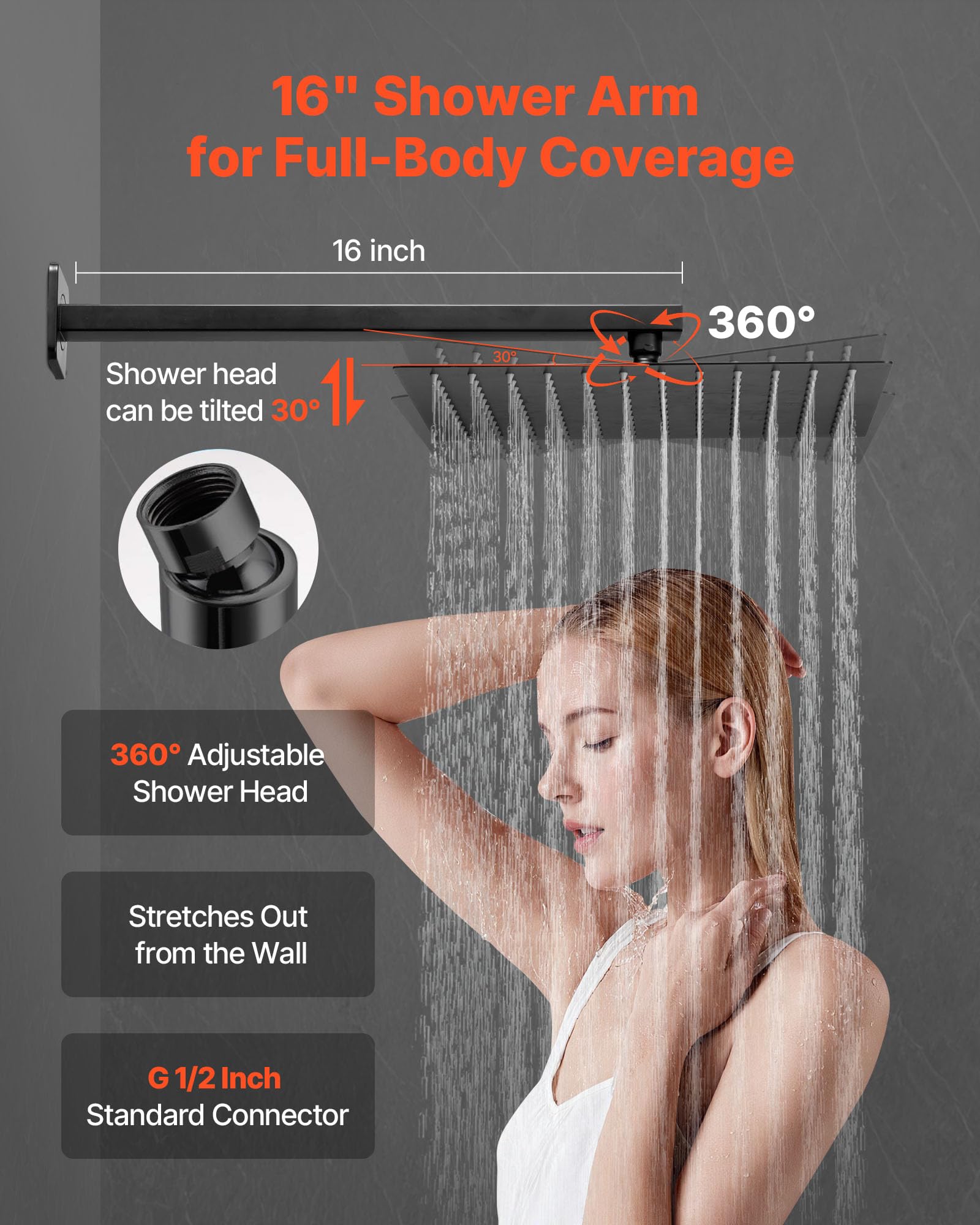 VEVOR Juego de Grifo de Ducha de Lluvia con Cabezal de Ducha Cuadrado de 30,5 cm y Rociador de Mano, Grifería de Baño de Pared con Válvula de Latón y Kit de Embellecedor, 6,7 L/min, Negro Mate