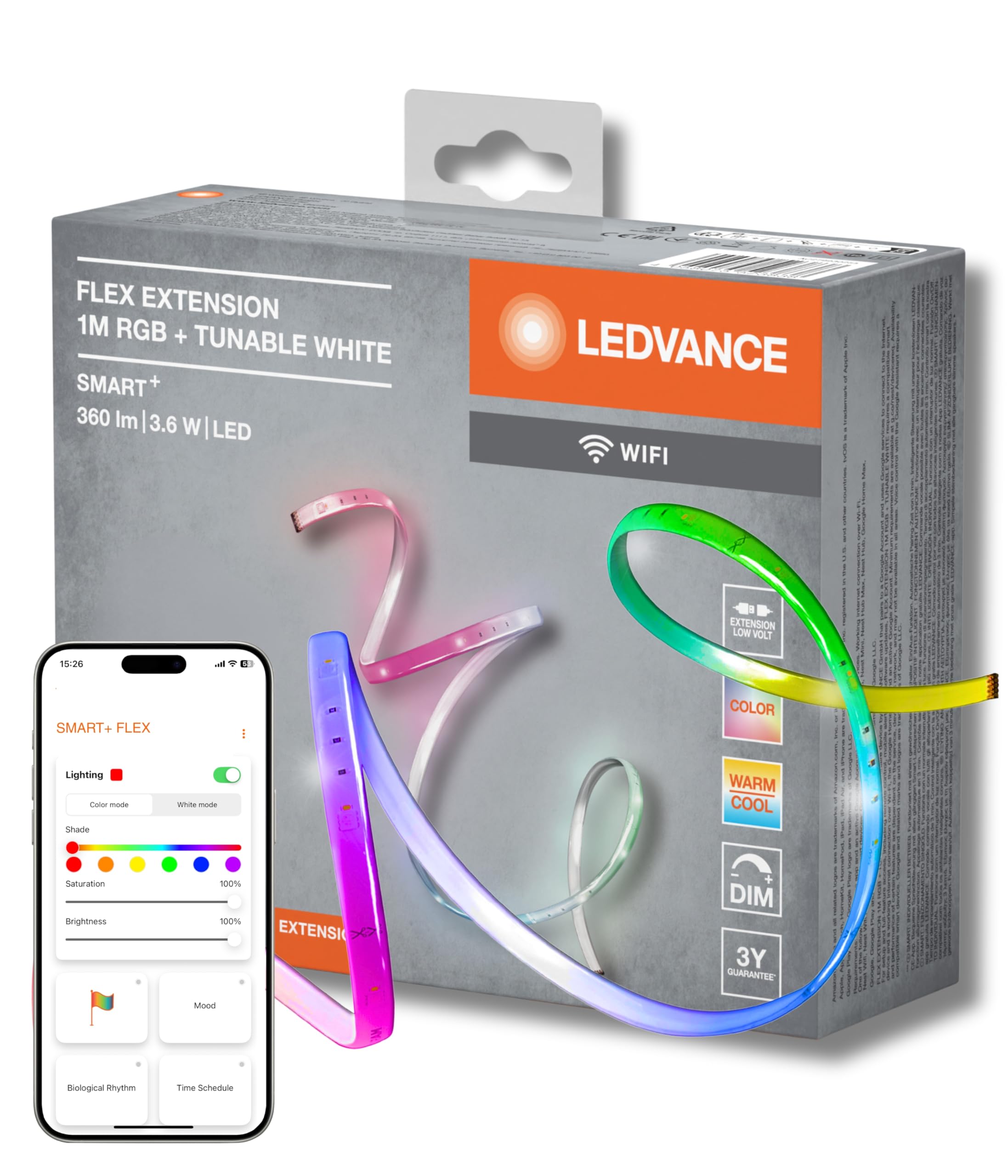 LEDVANCE Smart LED Lightstrip with WiFi Technology for Indoor, 1 Meter Extension Kit, Light Color Changeable (2700-6500K), RGBW Colors Changeable, Works with Alexa and Google Voice Contr, SMART+ WiFi