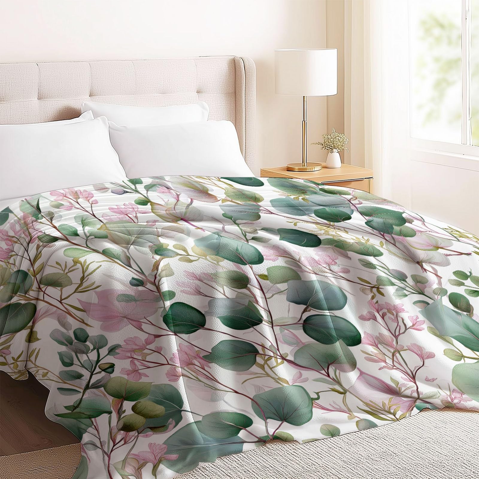 Verde Coperta in Pile di Flanella 200 x 220 cm - Acquerello Viti Fiori Morbida e Accogliente, Plaid Stampato per Divano Letto o Viaggio