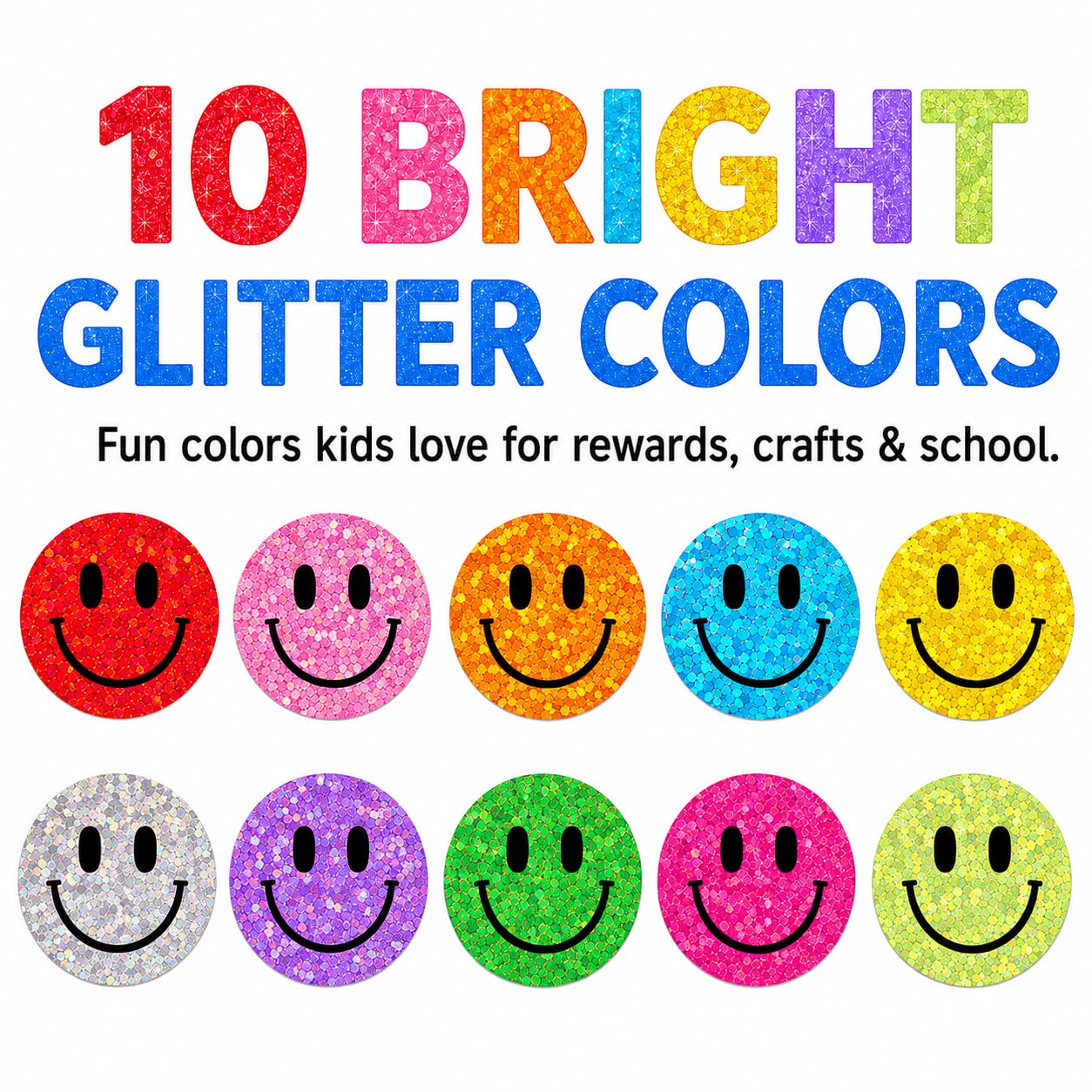 Smiley-Aufkleber mit Smiley-Motiv, 2,5 cm, 2 Rollen mit 500 runden Etiketten für Verpackung, Versandtaschen, Büroinventar, Versiegelung von Umschlägen und Geschäftsbedarf (Smiley_Glitzer)