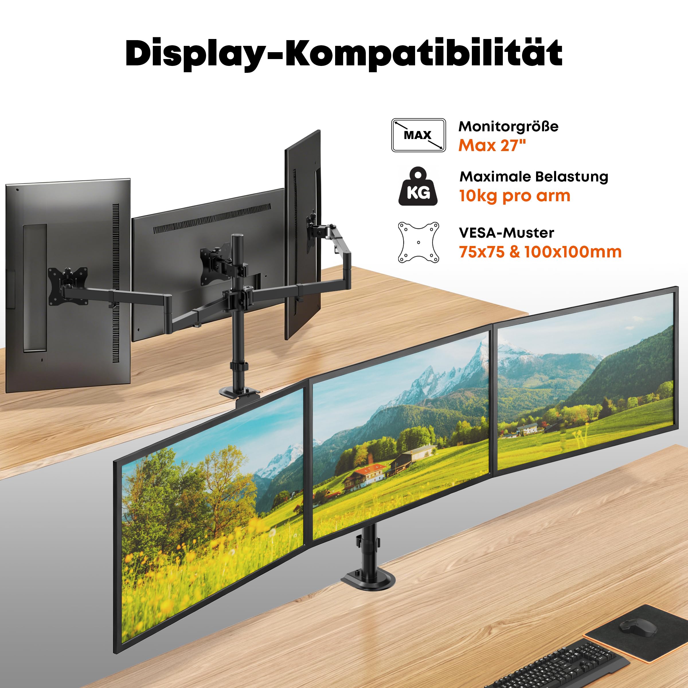 Monitor Halterung 3 Monitore 13-27", VESA 75/100, je 10kg, voll verstellbar | Triple Halterung, Höhenverstellbar, Ergonomisch Tischklemme, Schwarz, Neigung & Drehung verstellbar, Homeoffice & Gaming