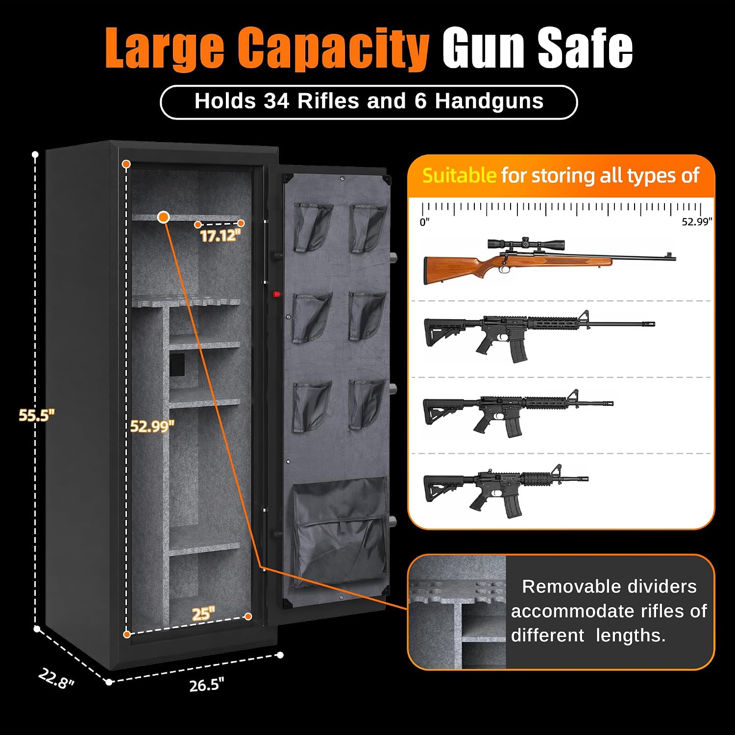 34 Gun Fireproof Safe for Rifles and Pistols, Gun Cabinet with Keypad/Key Access, No-Assembly-Required Gun Safes with Combination Lock and Built-in Charging Ports