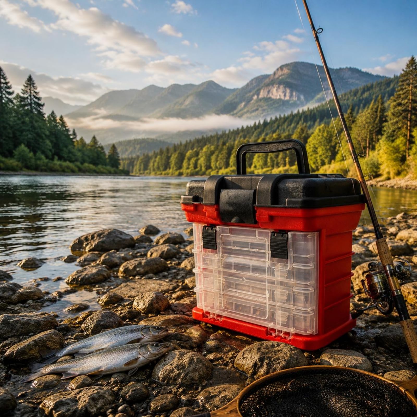 Contenitore da Pesca Tackle Box Valigetta Organizer per Esche Ami Piccoli Accessori con 2 Strati 4 Cassetti in PP Resistente Adatto a Uscite in Kayak Spiaggia Pontile Pesca, Rosso