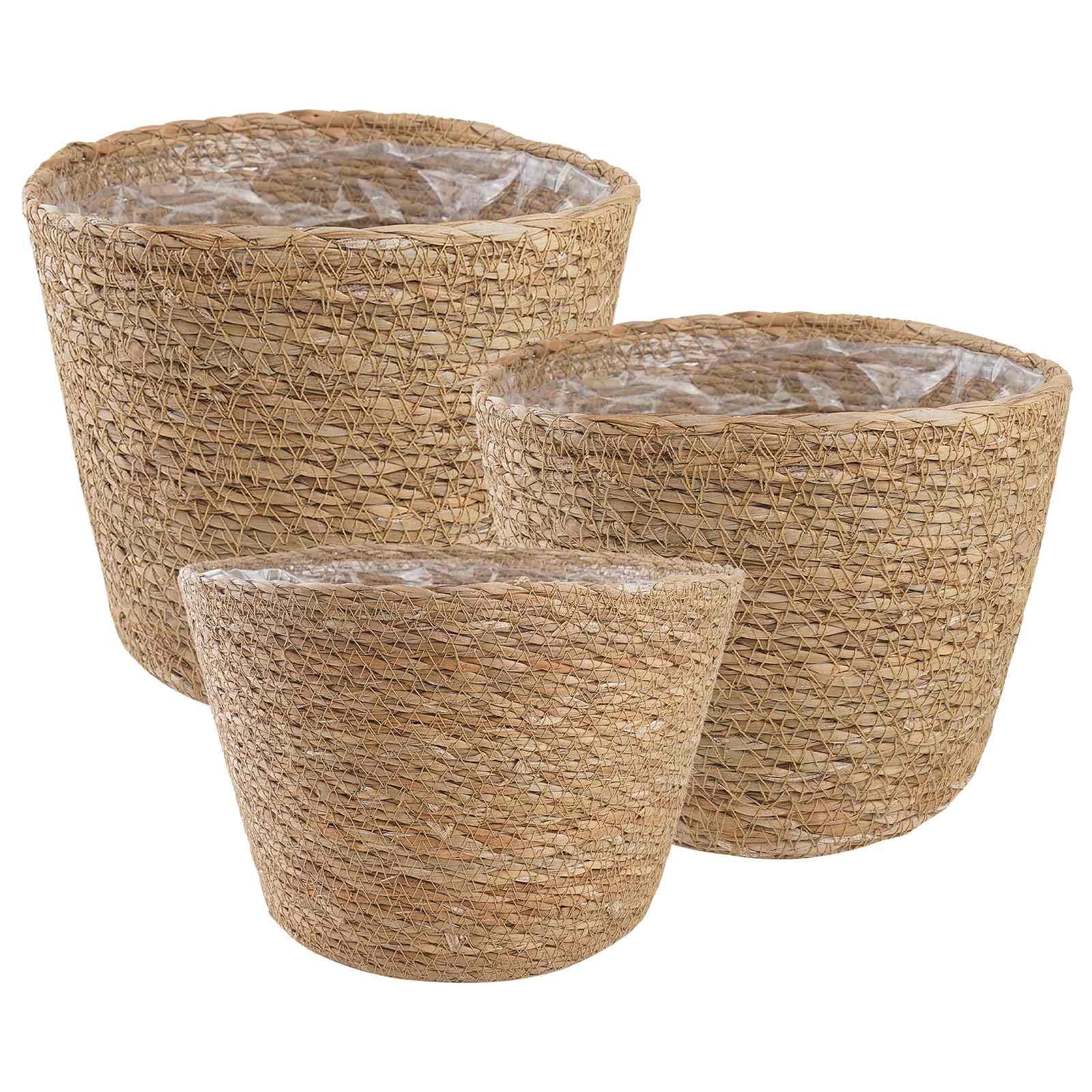 Paniers à Plantes en Herbe de Mer Lot de 3, Cache-Pots Tressés à la Main Style Naturel et Bohème pour Intérieur et Extérieur, Pots Cylindriques en Osier pour Salon et Terrasse, Ø26 x 19 cm