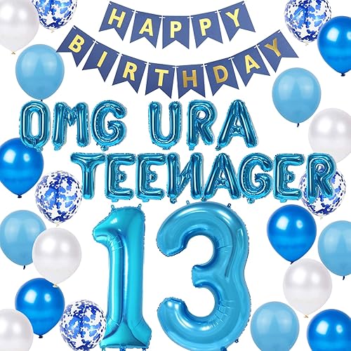 Decoraciones de cumpleaños número 13 azul para niños OMG UR A Teenager Happy 13th Birthday Banner Blue Number 13 Star Globos con globos de confeti