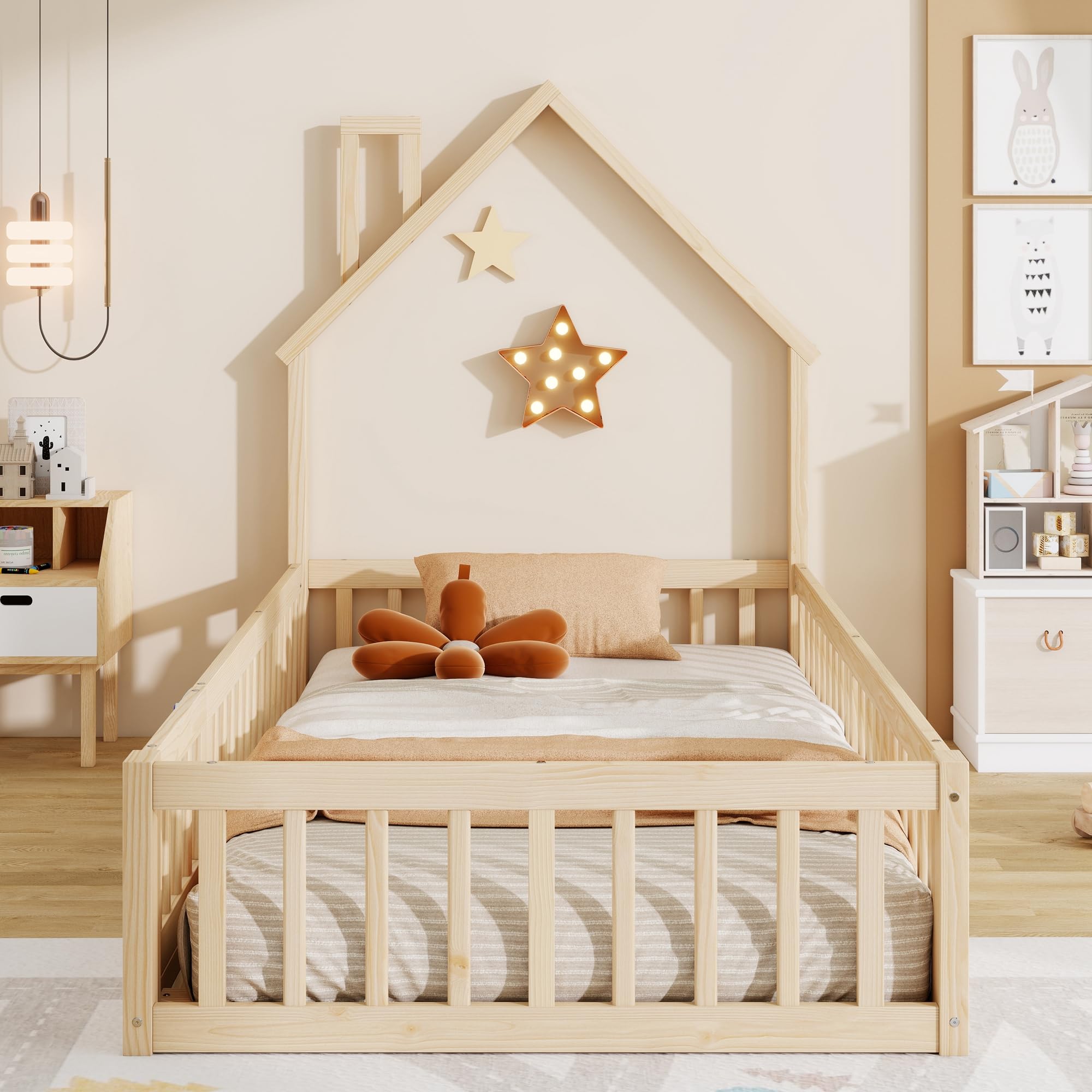 LAKFEW Cama Montessori Infantil 90x200 cm con Barandilla y Diseño de Chimenea, Cuna Cama Bebe Niño Niña con Listones de Madera, Cama Suelo Criança Individual, Natural, Sin Colchón
