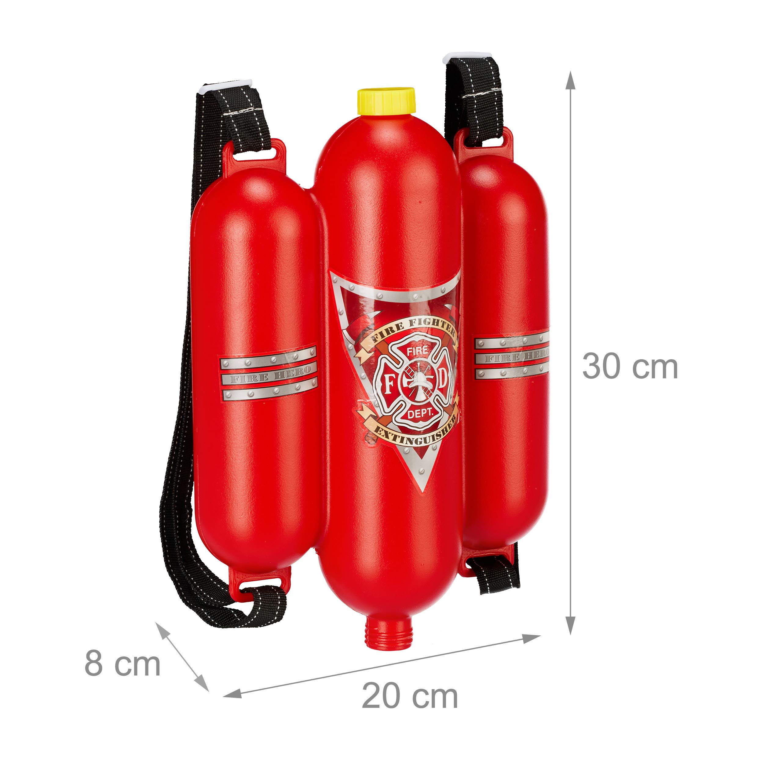 Relaxdays Feuerwehr Wasserspritze, 2,5 l Wassertank, 5 m Reichweite, 2 Sprühfunktionen, Löschrucksack Kinder, rot-gelb