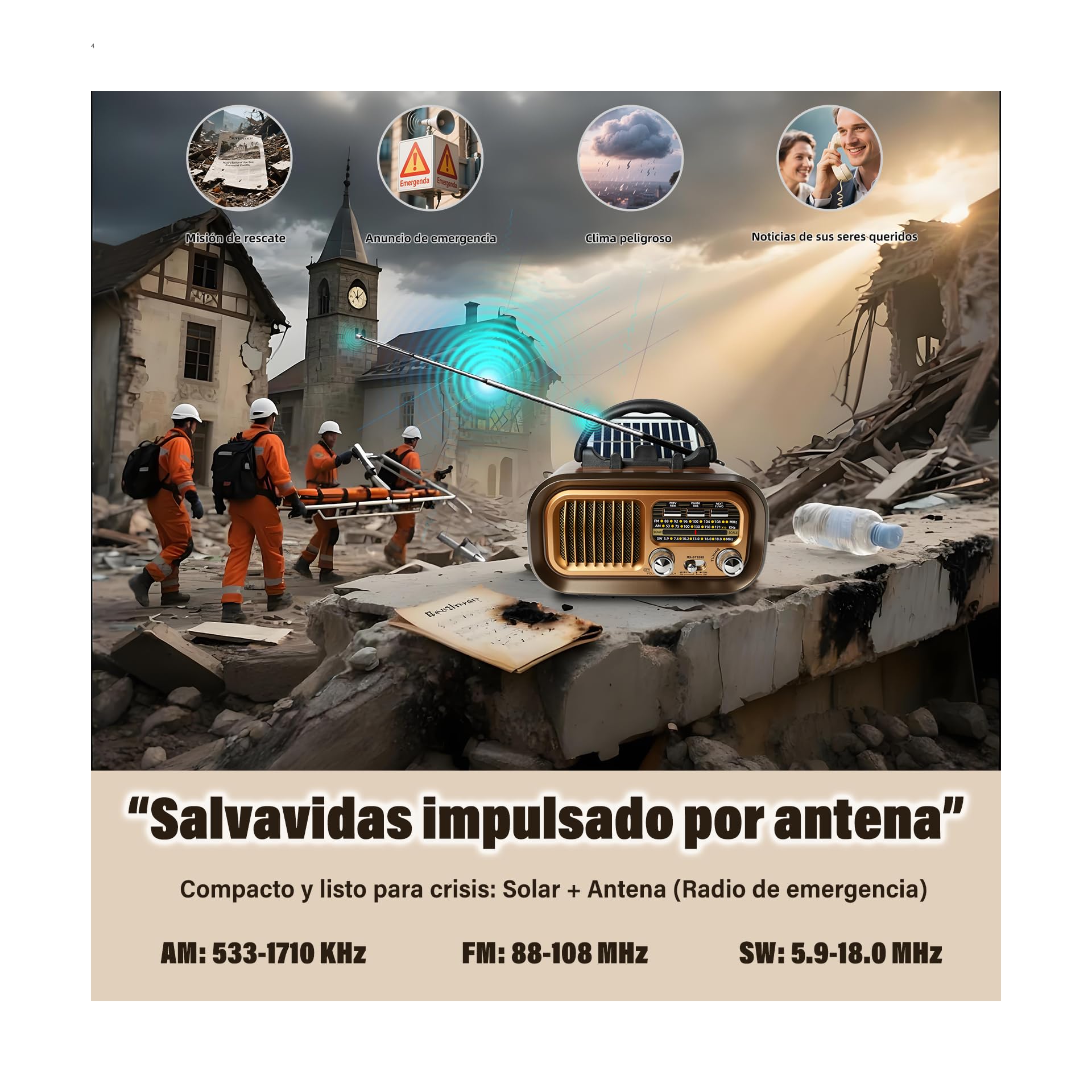 Radio Portatil Pequeña, Am/FM/SW Transistores Radio con Panel Solar, Radio Bluetooth Retro Alimentada por Baterías Recargables de 1200mAh o Pilas D, Radio FM Soporta USB/Tarjeta TF/TWS