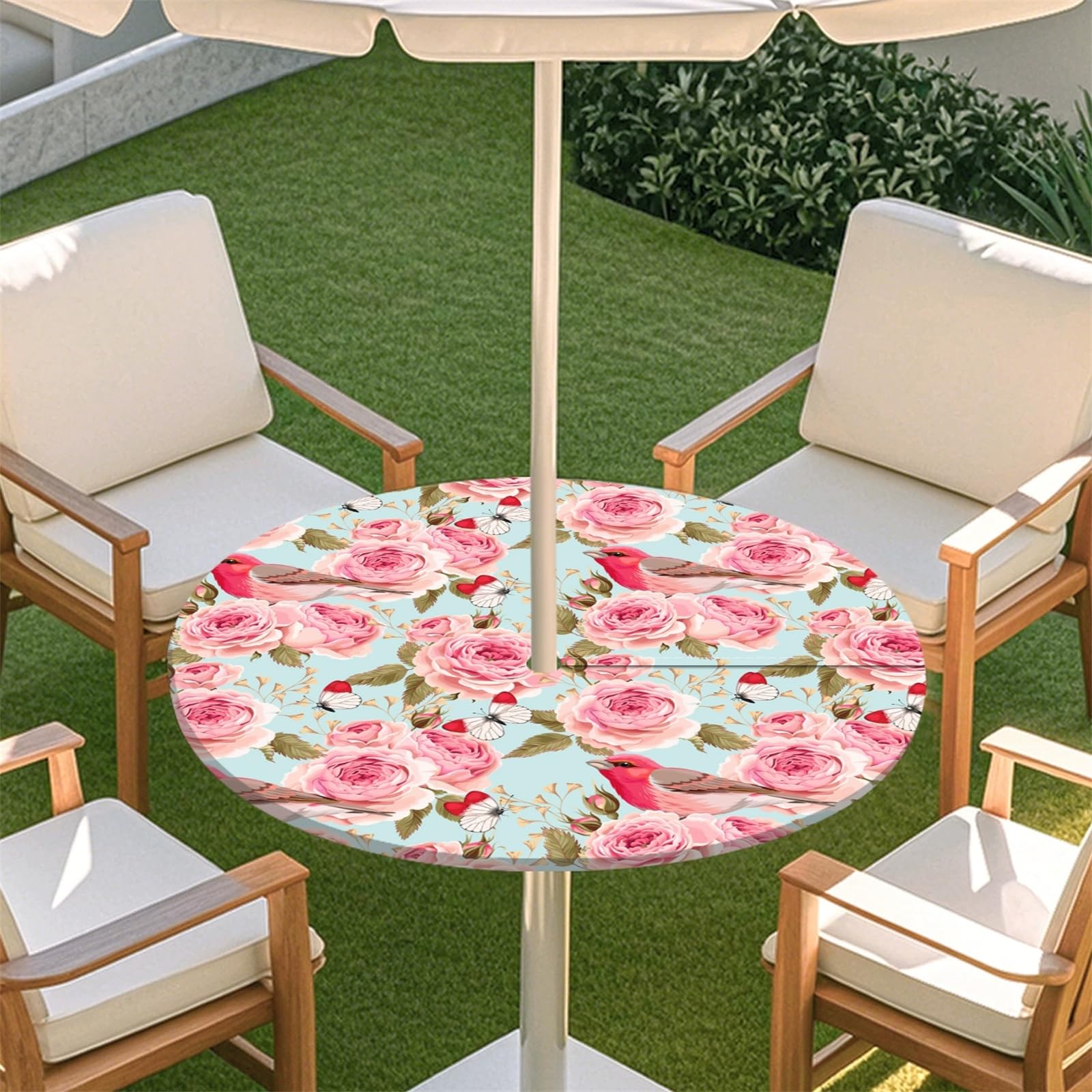 Muiuou Elastic Edge Fitted Round Tablecloth Protector Waterproof Outdoor Circle Tablecloth with Parasol Hole and Zipper, Wipe Clean Table Cover for Garden BBQ Party (Style 6,L(45-54inch)) — image 1