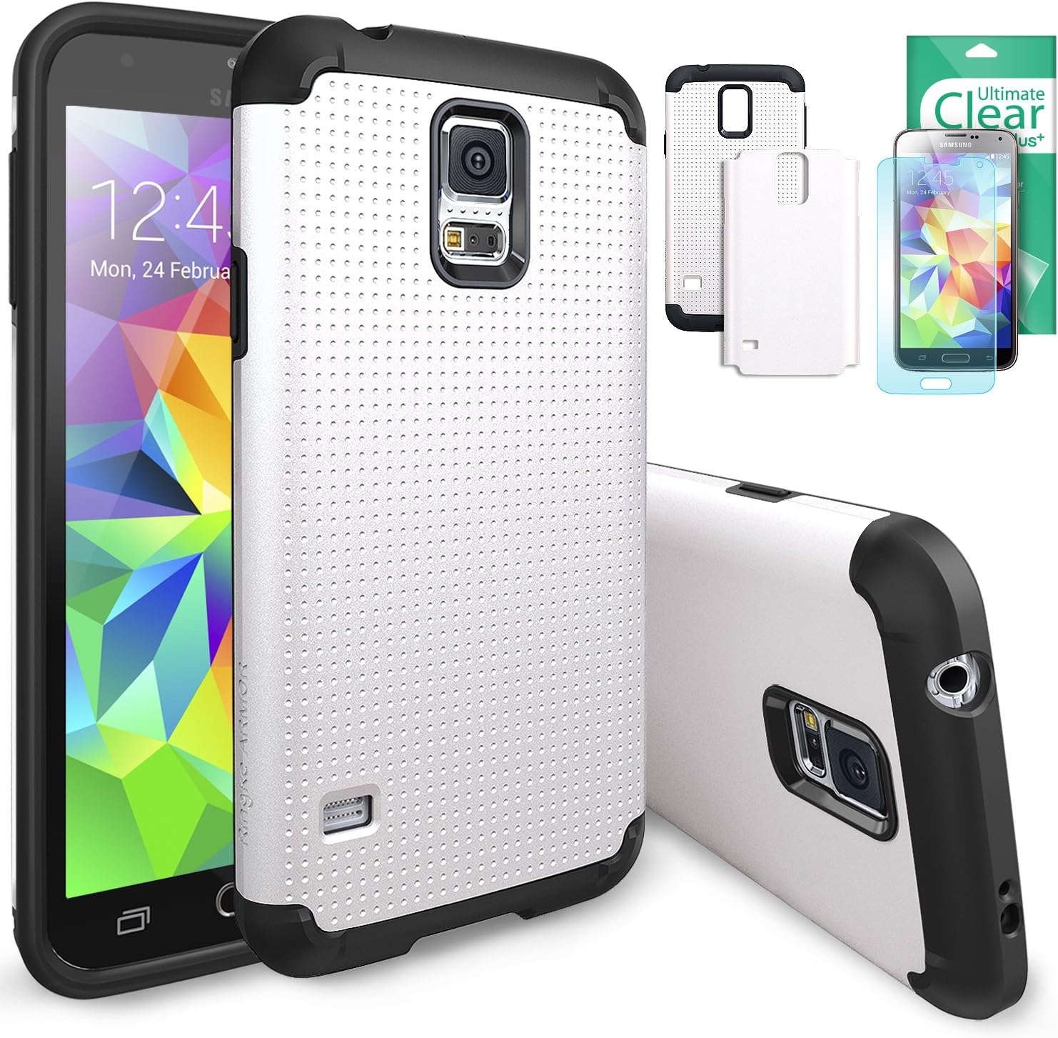 Rearth Ringke Max Double Layer Heavy Duty Protection Case with Free Premium Screen Protector for Samsung Galaxy S5 - Retail Packaging - Pearl White