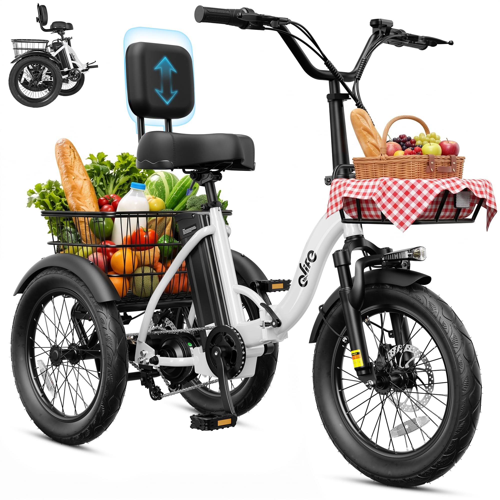 Qlife Electric Bike for Adults, 1200W Peak Brushless Motor Folding Electric Trike, 48V Removable Battery, 18" x3.0 Fat Tire Step-Thru 3 Wheel Electric Bicycle with Cargo Rack