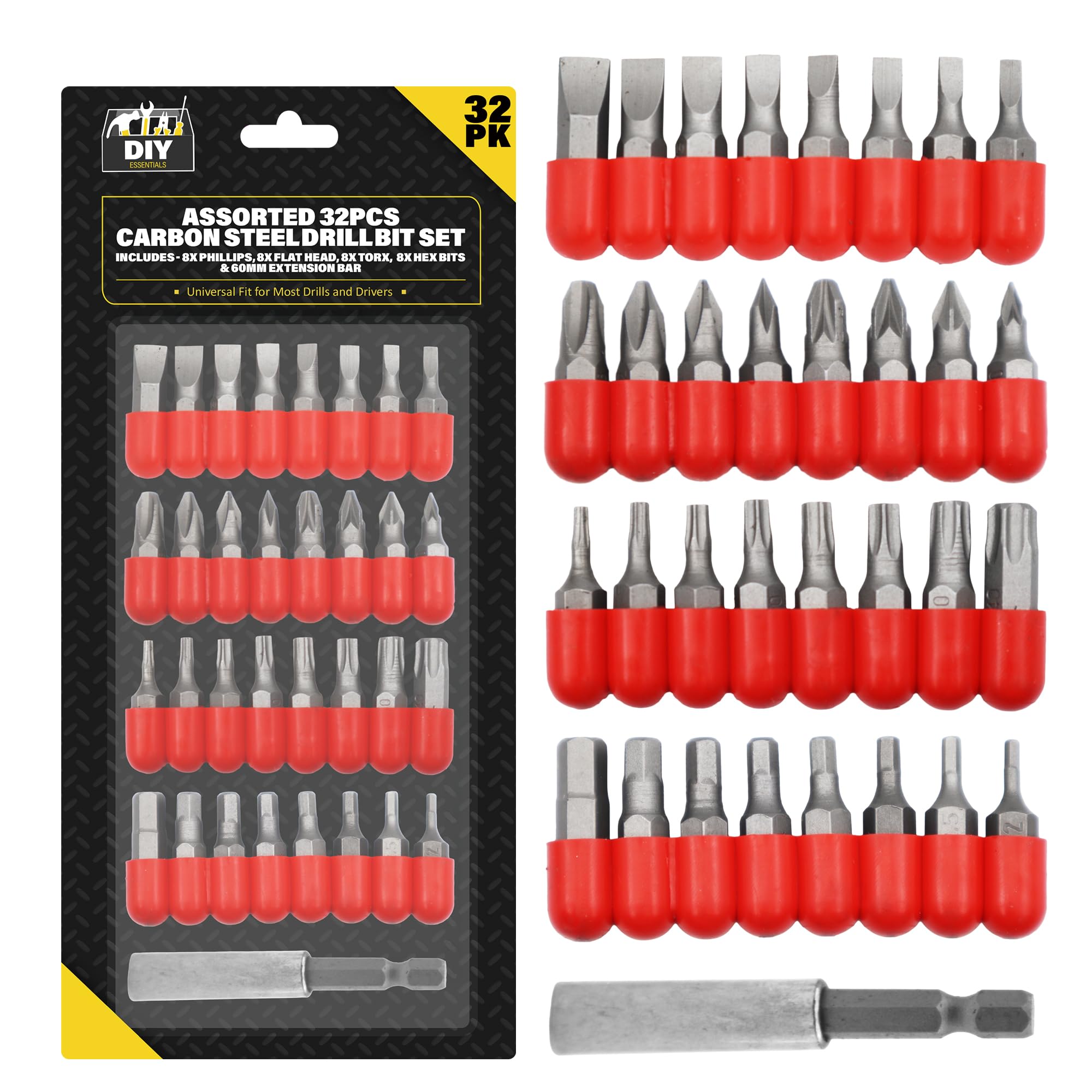 Assorted 32pcs Carbon Steel Drill Bit Set – Includes 8 Phillips, 8 Flat, 8 Torx & 8 Hex Bits – Impact Driver Bits for Versatile Applications – Universal Drill & Screwdriver Set