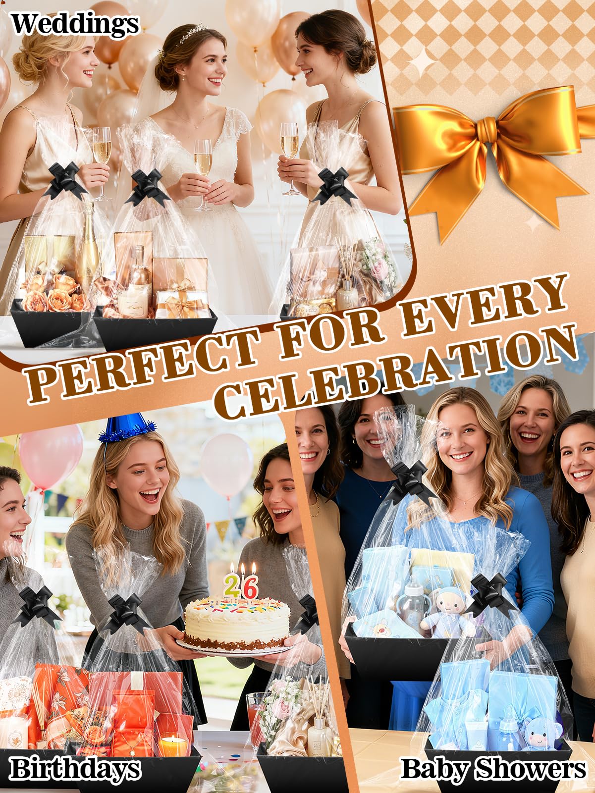 Beeplove 6 Sets Large Thick Kraft Baskets for Gifts Empty - Gift Baskets Empty Kit with Cellophane Wrap and Pull Bows for Wedding Birthday Bridesmaid Baby Shower, Black