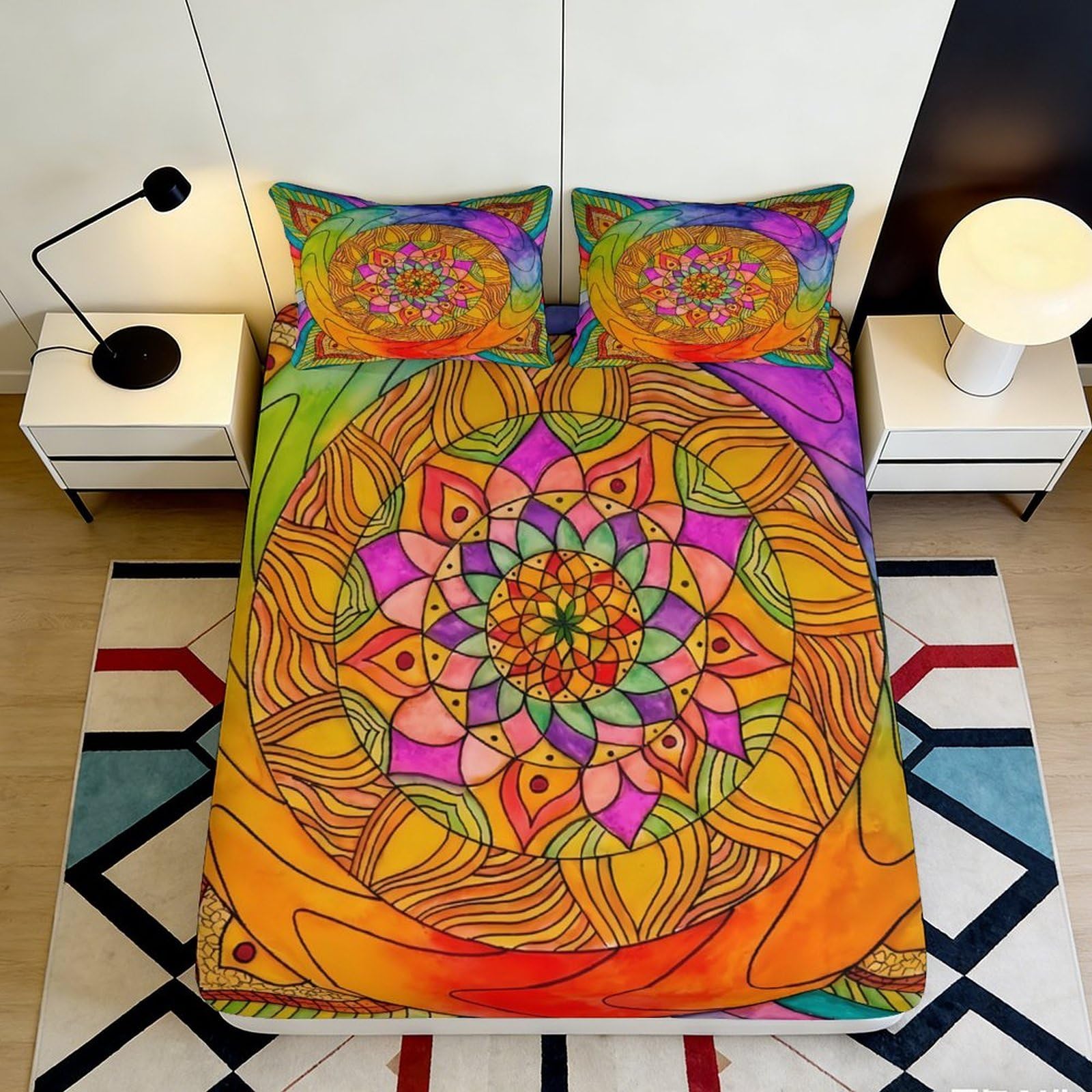3D Printed Mandala Fitted Sheet Microfiber Deep Pocket Bedroom Bedding Mandala Mattress Fitted Cover Elastic Hem Washable 200x200x25cm