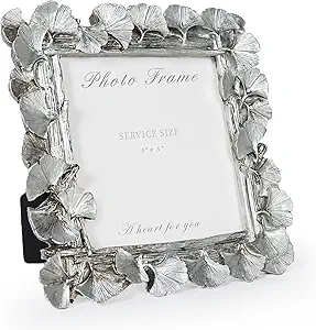 Vintage Silver 5x5 Picture Frame, Silver Frames Ornate Leaf Textured Hand-Crafted Resin with Glass Front, Antique Photo Frame for Tabletop Display, Retro Home Decor
