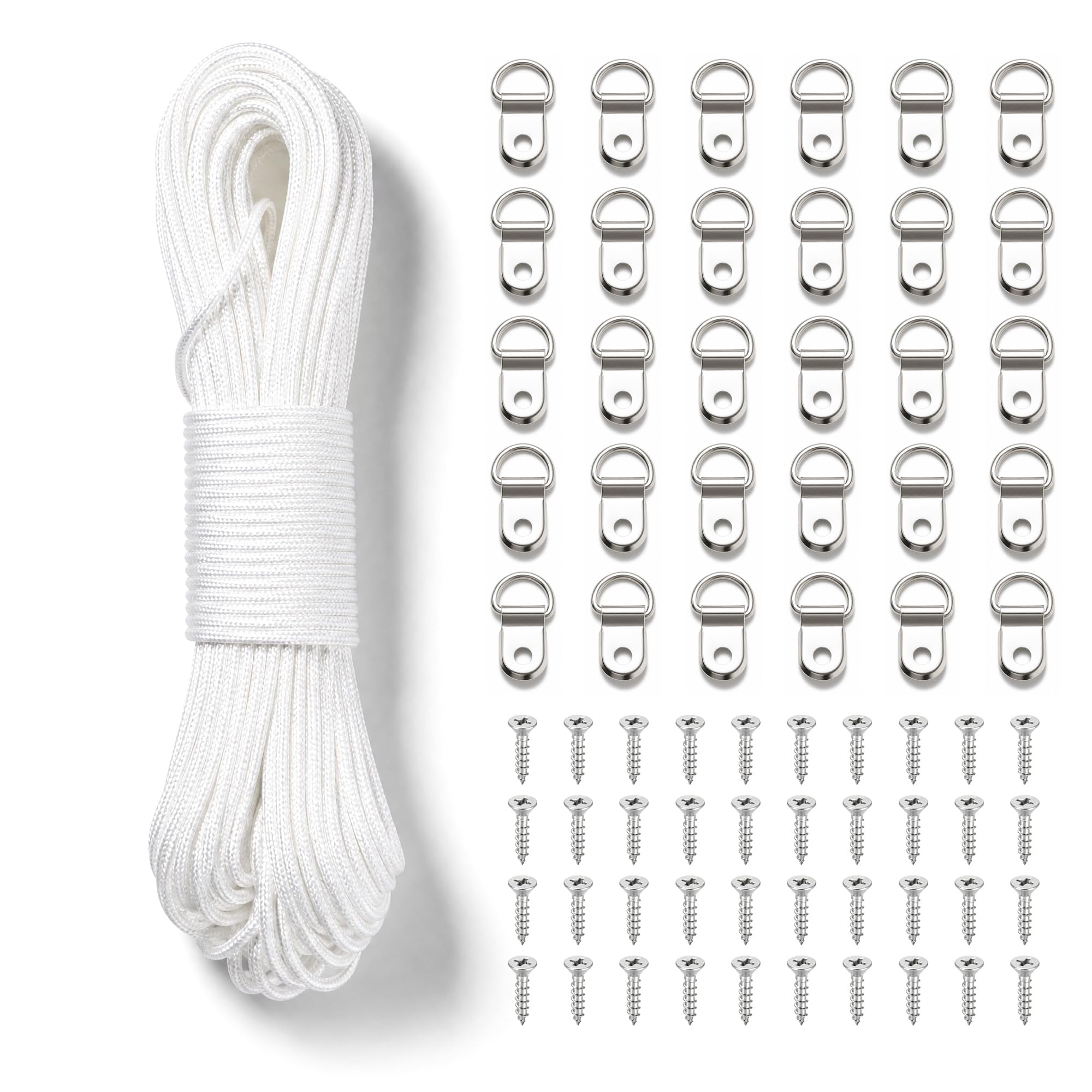 KAXIMON 30M x 2mm Picture Hanging Cord, White Strong Nylon Picture Hanging Wire, Picture Frame Hanging String with 30 D-Ring Hooks and 40 Screws
