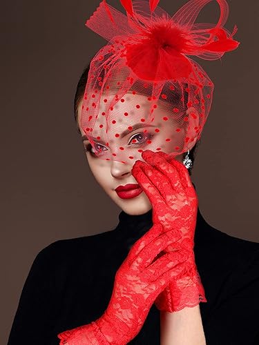 Miniatura 6 de SATINIOR 50s Fascinators for Women Funeral Veil Tea Party Hat and Gloves Pillbox Cocktail Hat