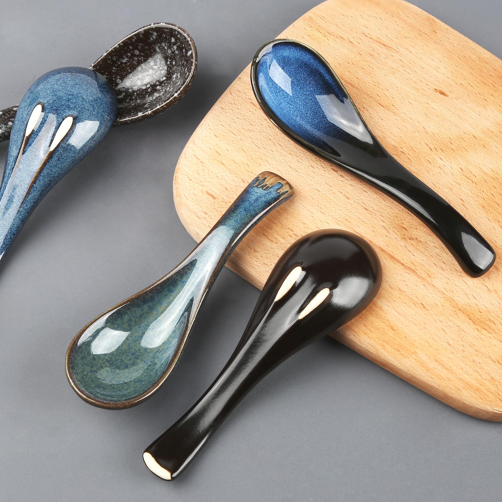 5 Stück Asiatische Suppenlöffel Set,Japanische Art-Blaue Keramik Suppenlöffel,Retro Ramen-Löffel im,Chinesischer Löffel für Suppen,Knödel und Getreide Eintöpfe,Ideal für den Haushalt und das Esszimmer