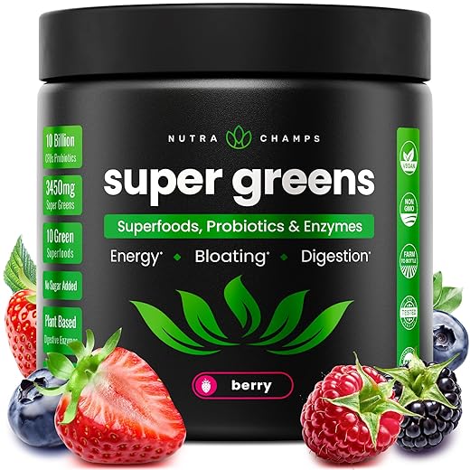 Super Greens Powder Premium Superfood | 20+ Organic Green Veggie Whole Foods | Wheat Grass, Spirulina, Chlorella & More | Antioxidant, Digestive Enzyme & Probiotic Blends | Vegan Juice Supplement