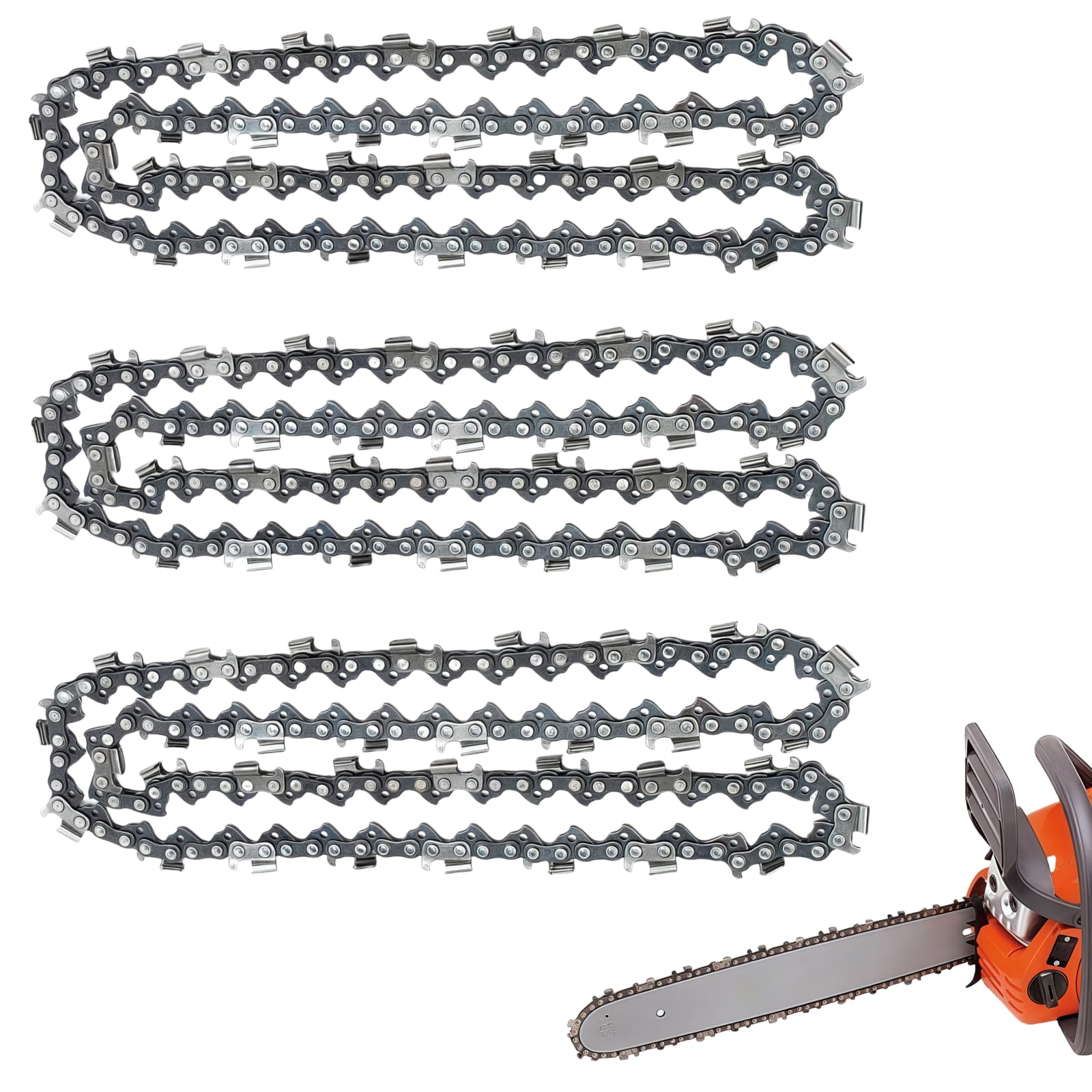 Paquete de 3 cadenas de motosierra de 20 pulgadas, 72 eslabones de transmisión, paso de 3/8 pulgadas, calibre de 0.050 pulgadas, compatible con Husqvarna 455, Poulan PR5020, Stihl MS 260
