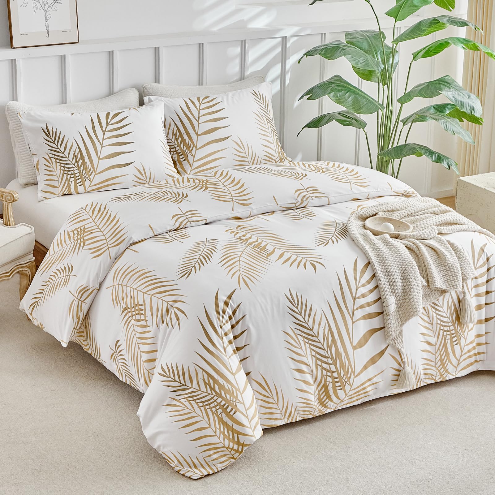 Tokokimo Double Duvet Cover Set Golden Tropical Leaves Printed Bedding Set Microfiber Double Duvet Set (1x Duvet Cover
