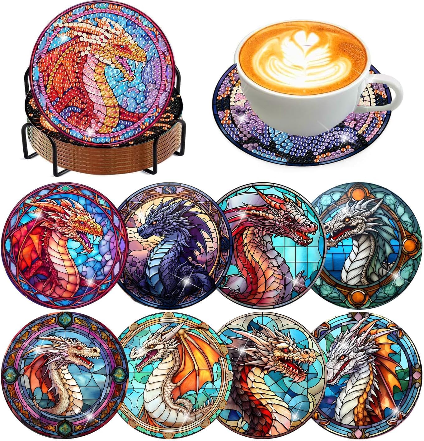 8Pcs Diamond Painting Coasters with Holder,DIY Dragon Life Coaster Diamond Art Kits for Adults Kids,Beginners Round Full Drill Diamonds Art Craft Supplies