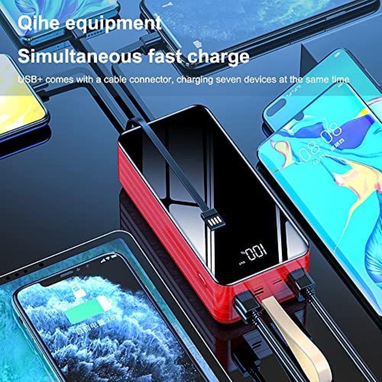 Banco De Energía con Cargador Portátil De 80000 Mah, Batería Externa De Gran Capacidad con 4 Cables Incorporados Y 7 Puertos, Batería De Carga Rápida para Teléfono, Tableta Y Otros,Azul,3000