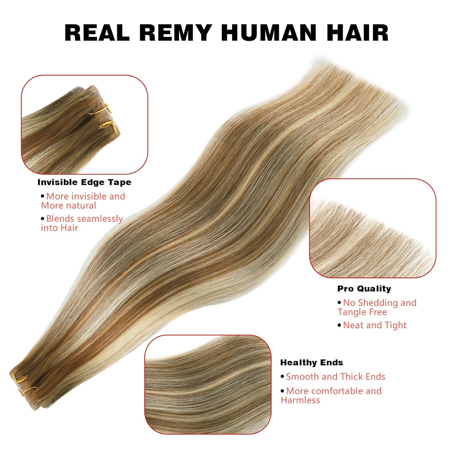 ABH AMAZINGBEAUTY HAIR Invisi Edge Tape in Hair Extensions Real Human Hair, Seamless Injected Hand-Tied Hair Tape ins 20PCS 50G/Pack, Walnut Brown Highlighted with Platinum Blonde #T3-P3-60 18Inch